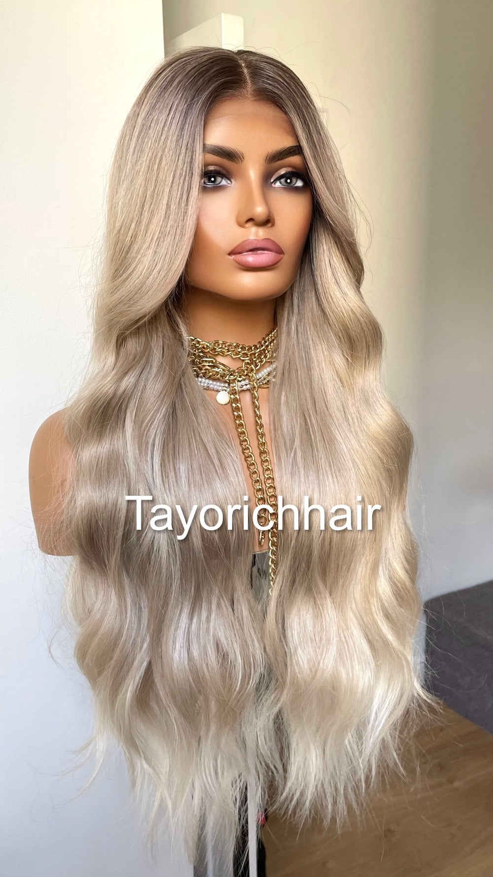 Rooted Pearl Blonde Heat Friendly Synthetic Lace Frontal Wig With 13 By 6 Wide Lace/ Loose Wavy Blonde Hair Wig Fror Women/Tayorichhair Wigs