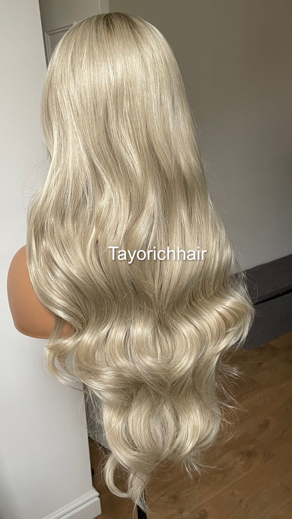 Platinum Blonde Lace Frontal Wig With Dark Ash Roots/Rooted Blonde Heat Friendly Synthetic Wig/ Blonde Bouncy Wavy Wig By Tayorichhair