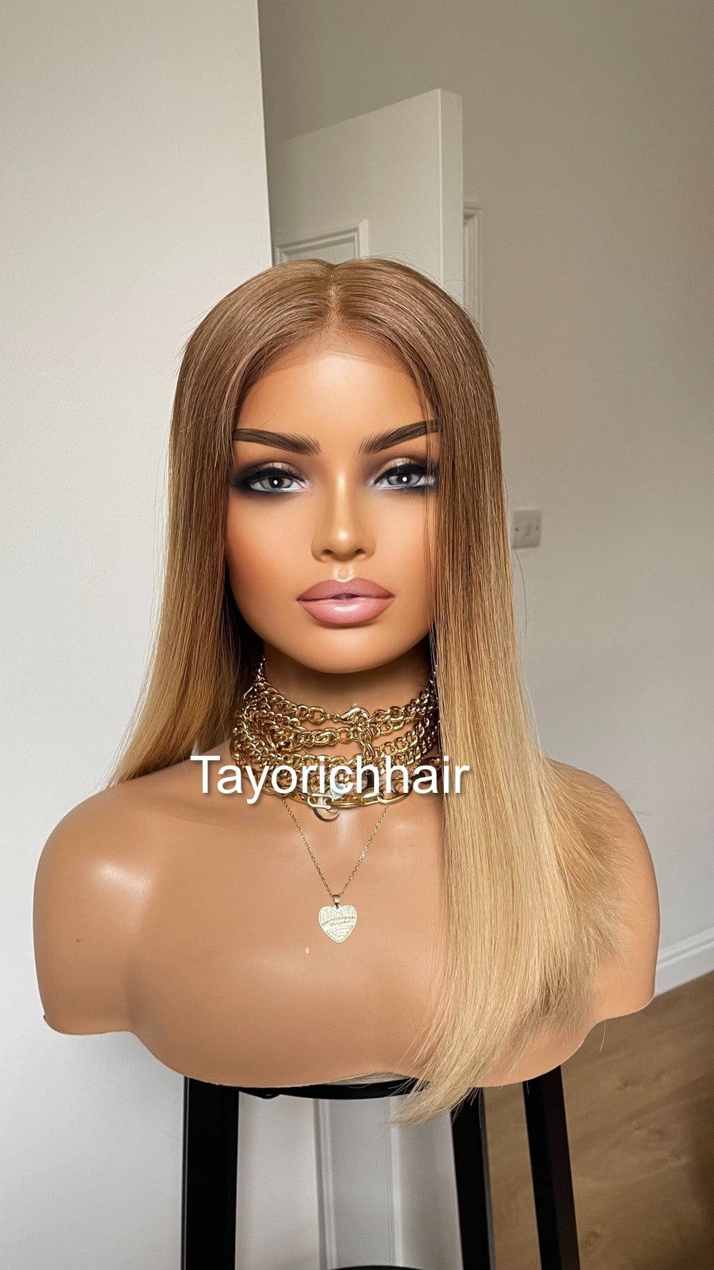 Ombre Warm Blonde Lace Top Human Hair Wig•Europe Hair Wig•16 InchesLuxury Real Hair Wig•Cuticles Aligned Hair With Tiny Knots Straight Hair