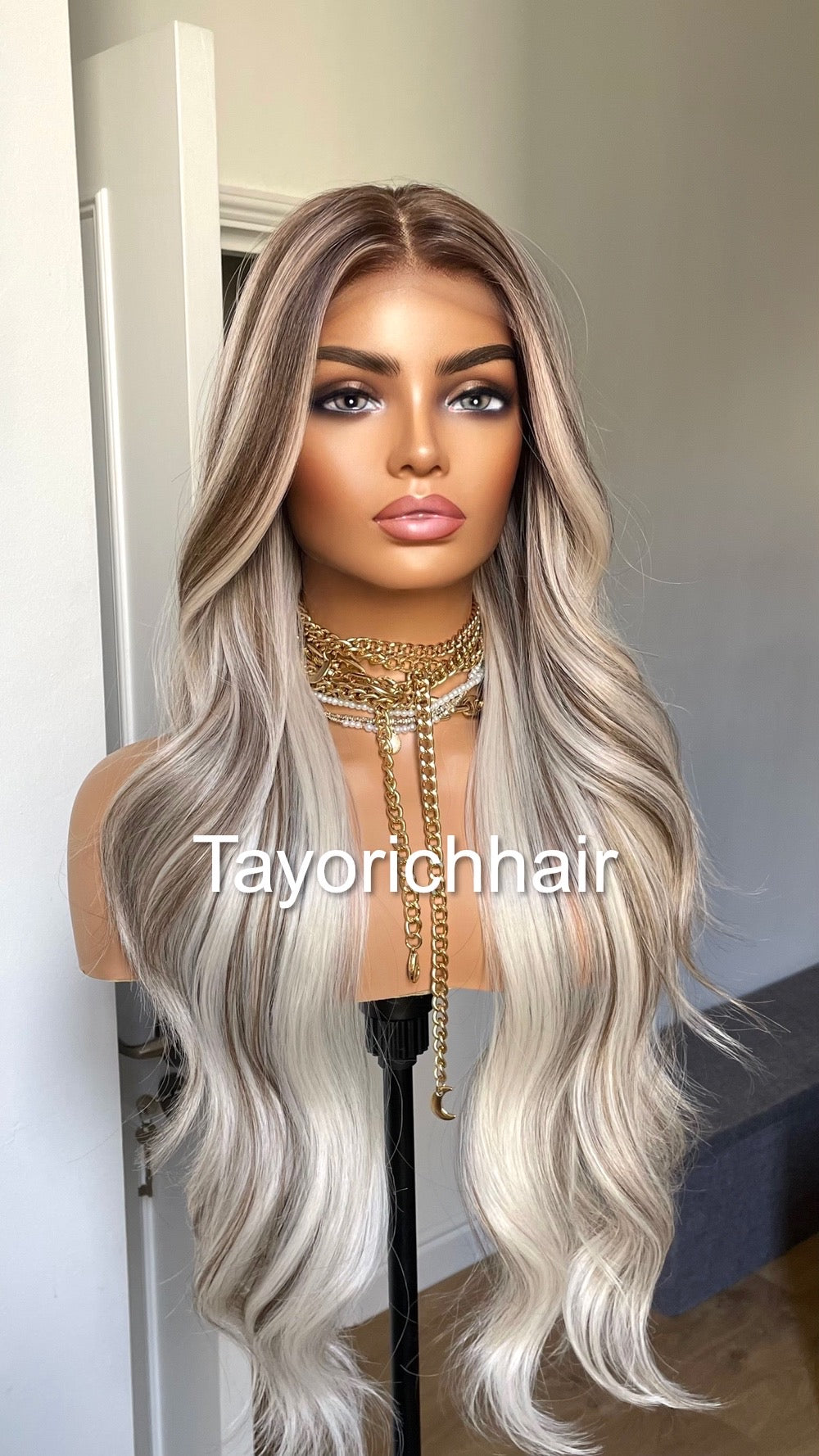 Blonde And Brown Mix Lace Wig/Heat Friendly Synthetic Wigs For Women/Platinum Blonde And Dark Brown Wavy Long Hair Wig By Tayorichhair