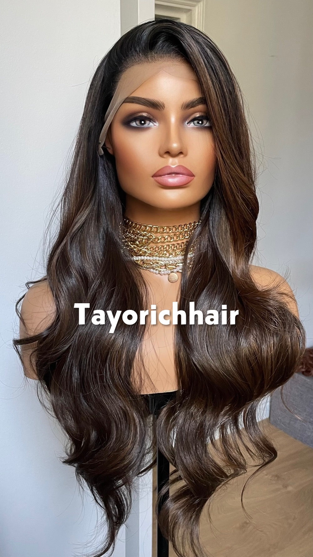 Darkest Brown Wavy Lace Wig: Black Roots, Heat Resistant Synthetic Hair.