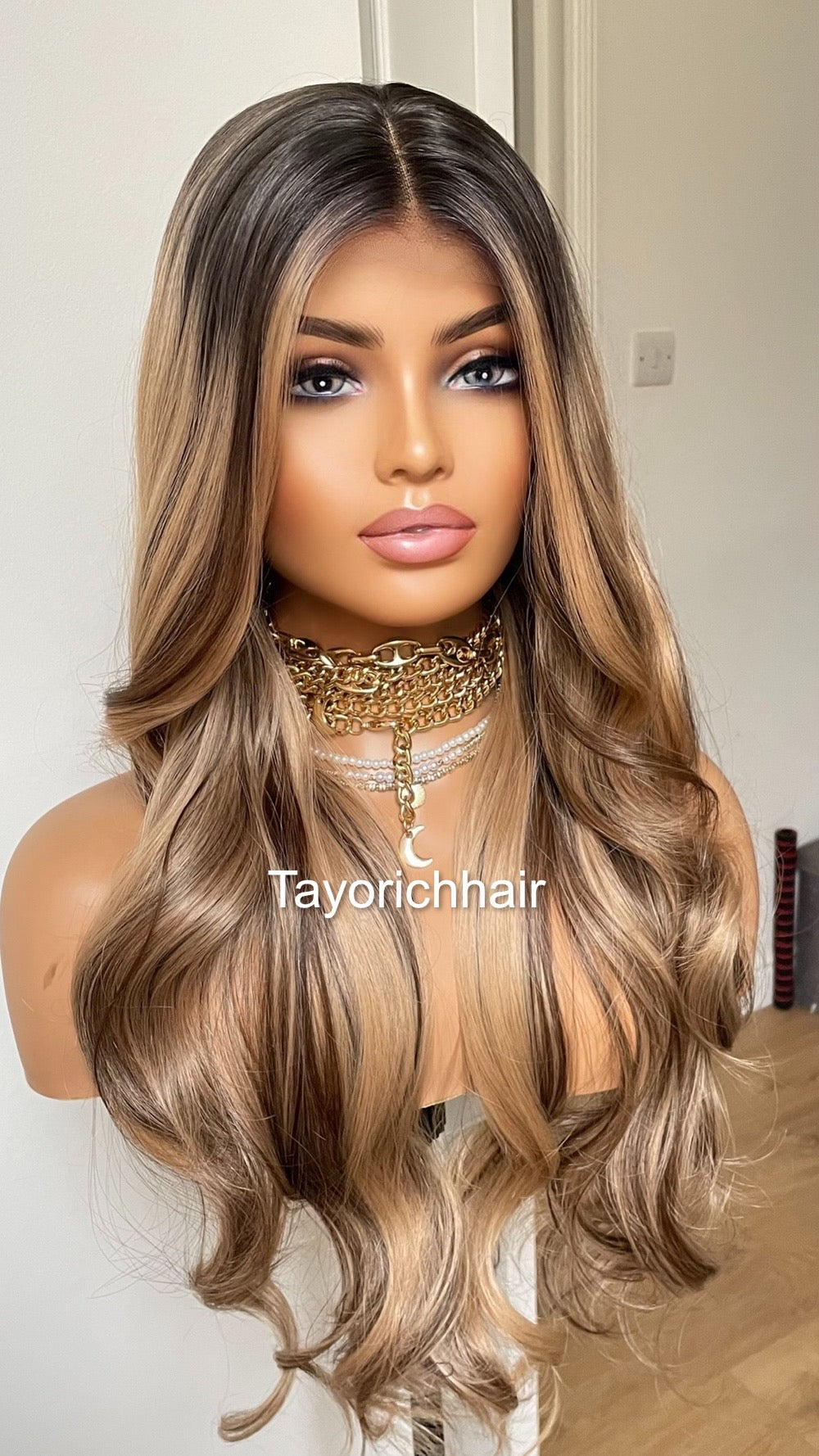 Blonde And Brown Mix Lace Frontal Wig With Dark Roots/ 24 Inches Wavy Hair Wig/ Heat Friendly Synthetic Wigs For Women Hairloss Alopecia