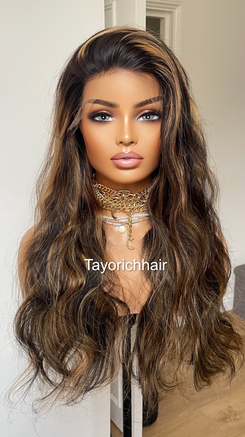 Black Wavy Human Hair Lace Frontal Wig With Blonde Highlights/ HD Lace Wig/ Real Human Hair Wig In 24 Inches/ Tayorichhair Human Hair Wig