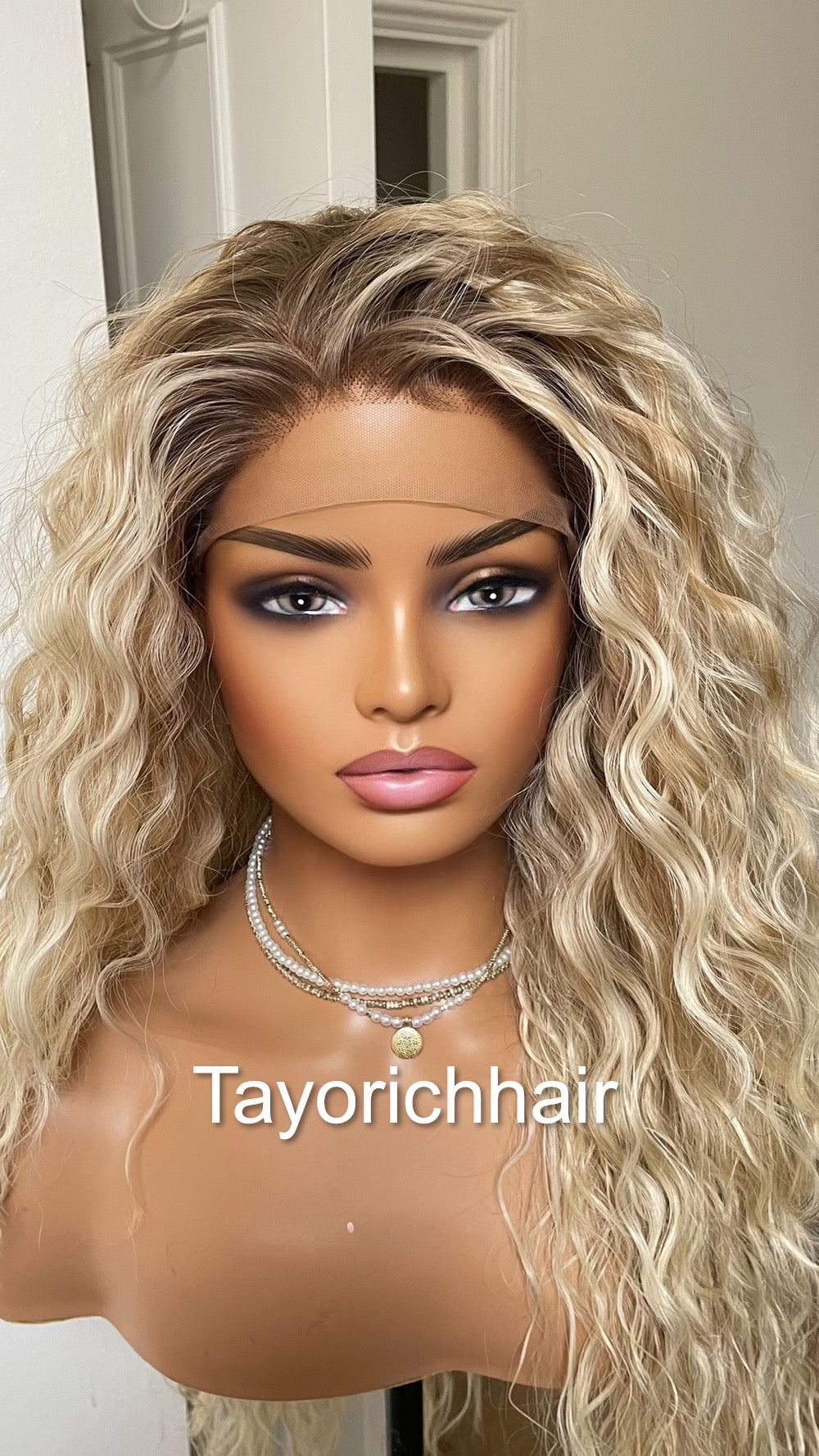 Mixed Blonde Curly Synthetic Lace Frontal Wig With Dark Roots/Lightweight Wig/Small Cap Size Long Curly Hair Wigs For Women By Tayorichhair
