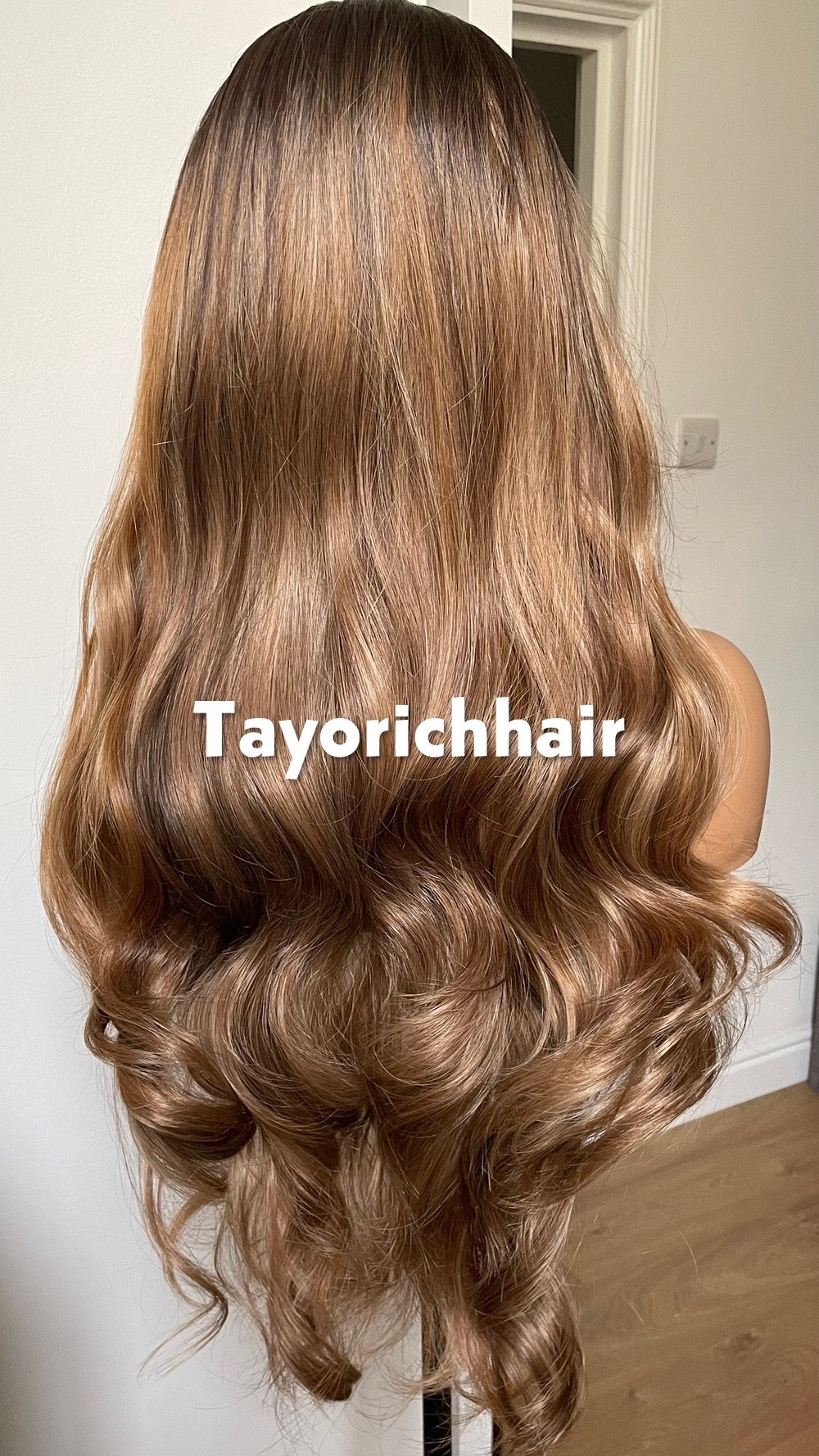 Caroline; Caramel Brown Lace Frontal Wig With Dark Roots & Lowlights