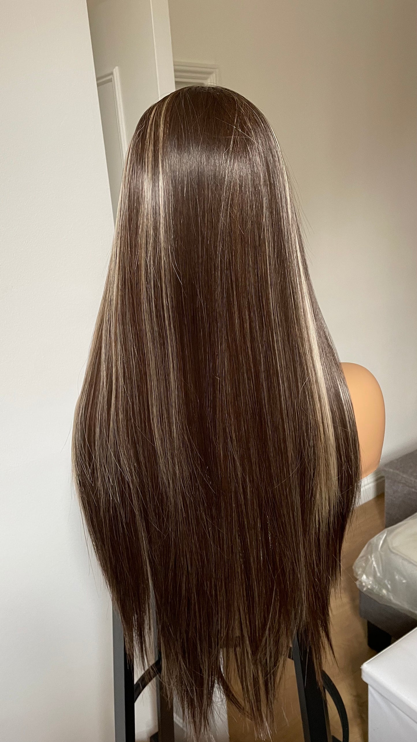 Dark Brown Straight Synthetic Lace Front Wig With Blonde Highlights