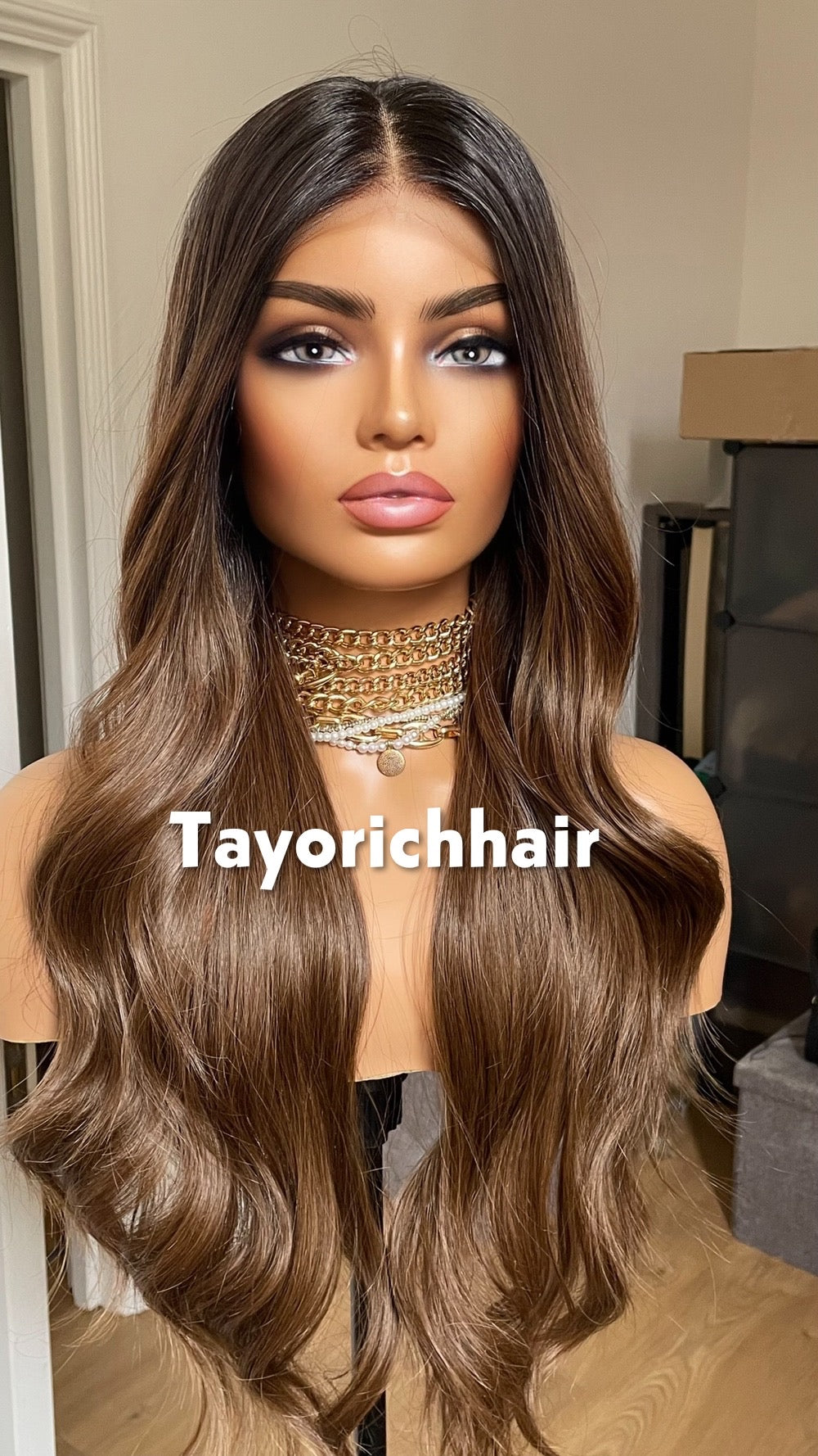 Ash Brown Synthetic Wig; Black Roots.