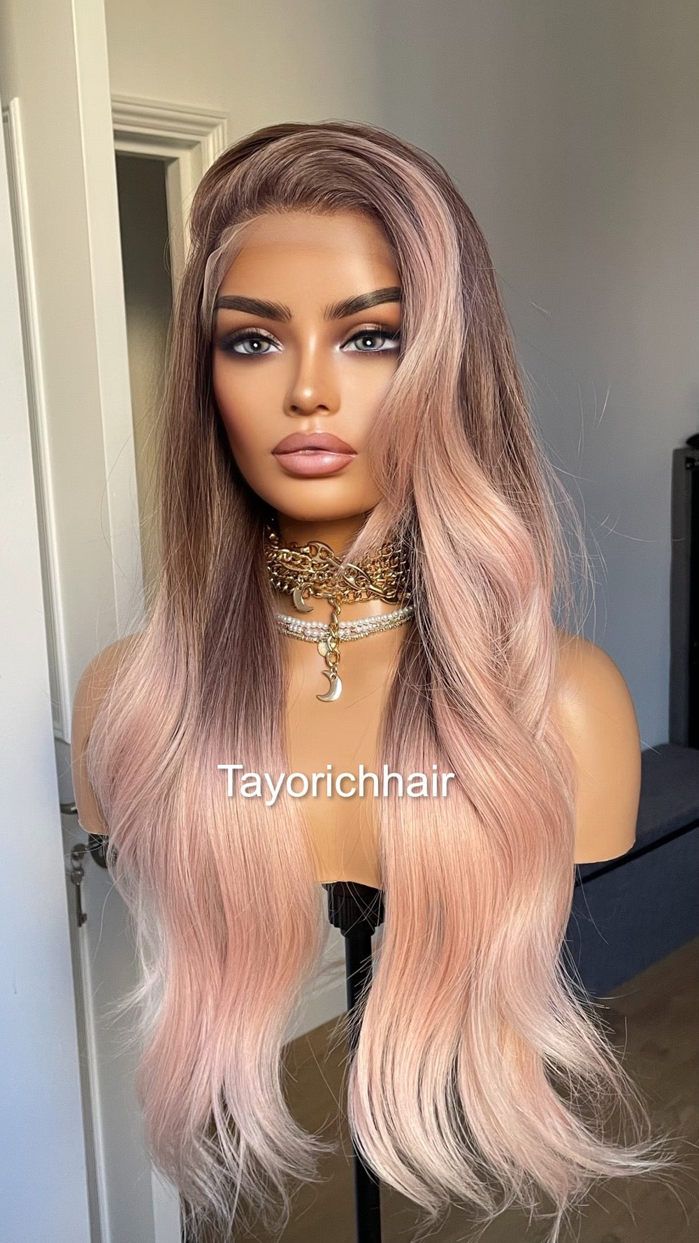 Ombre Baby Pink Lace Frontal Wig With Dark Brown Roots/ 13 by 6 Wide Lace Frontal/Pink Synthetic Wig/ Pink Wavy Hair wig By Tayorichhair