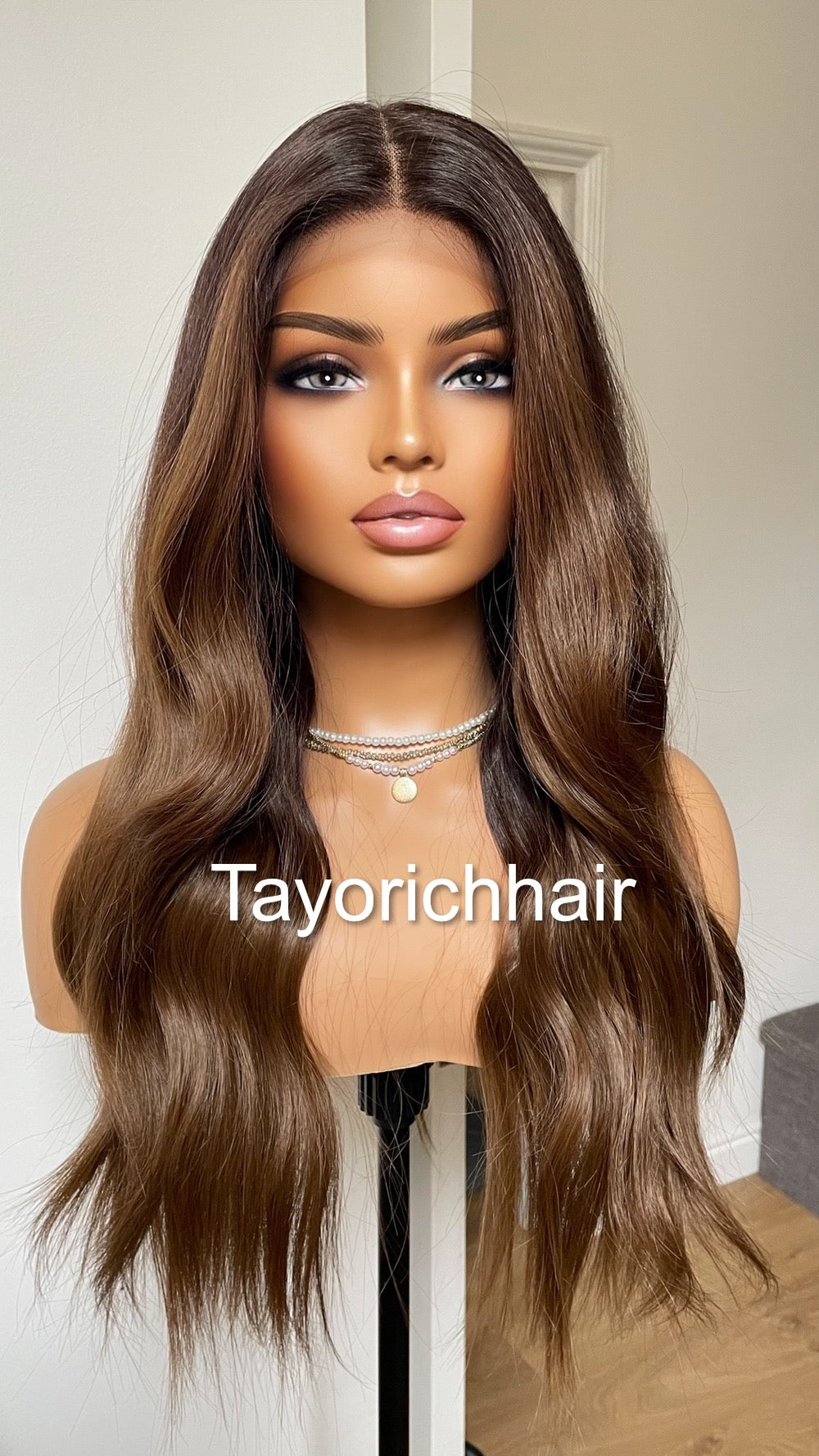 Brown And Black Synthetic Lace Front Wig With Black Roots/Middle Part Brown Wig With 13 By 6 Lace Frontal/Wigs For Brunettes By Tayorichhair