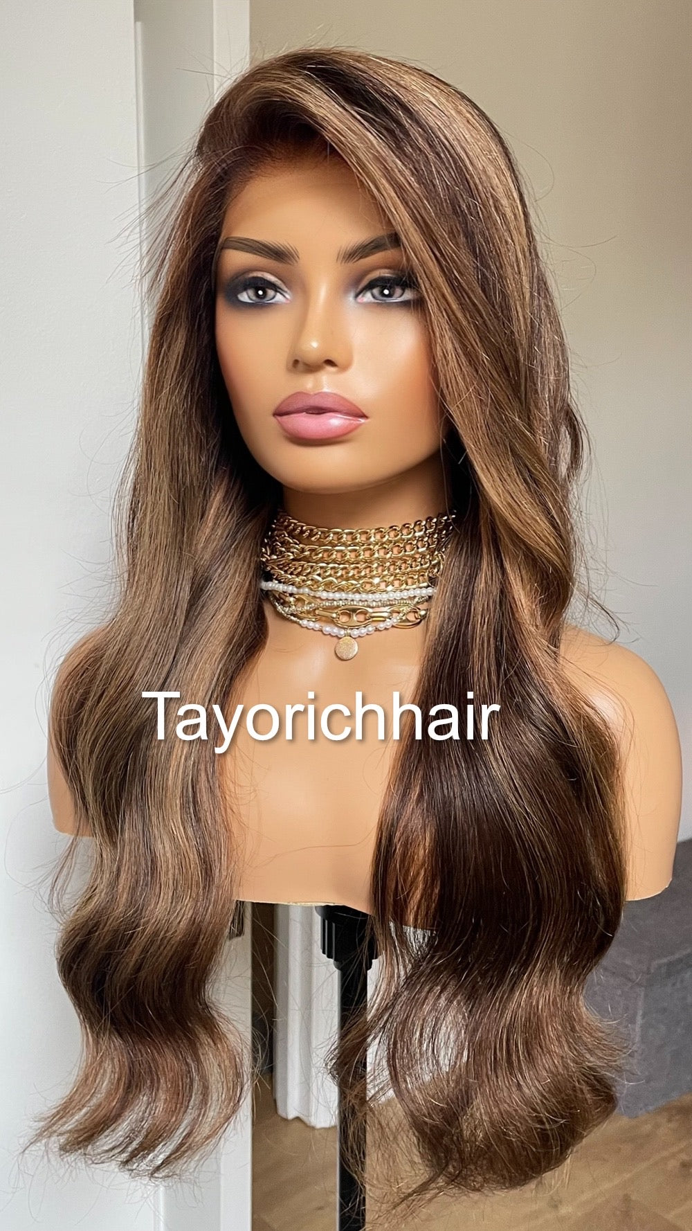 Brown Human Hair 13x4 Lace Frontal Wig With Blonde Highlights-22 Inches Wavy Hair Wig By Tayorichhair