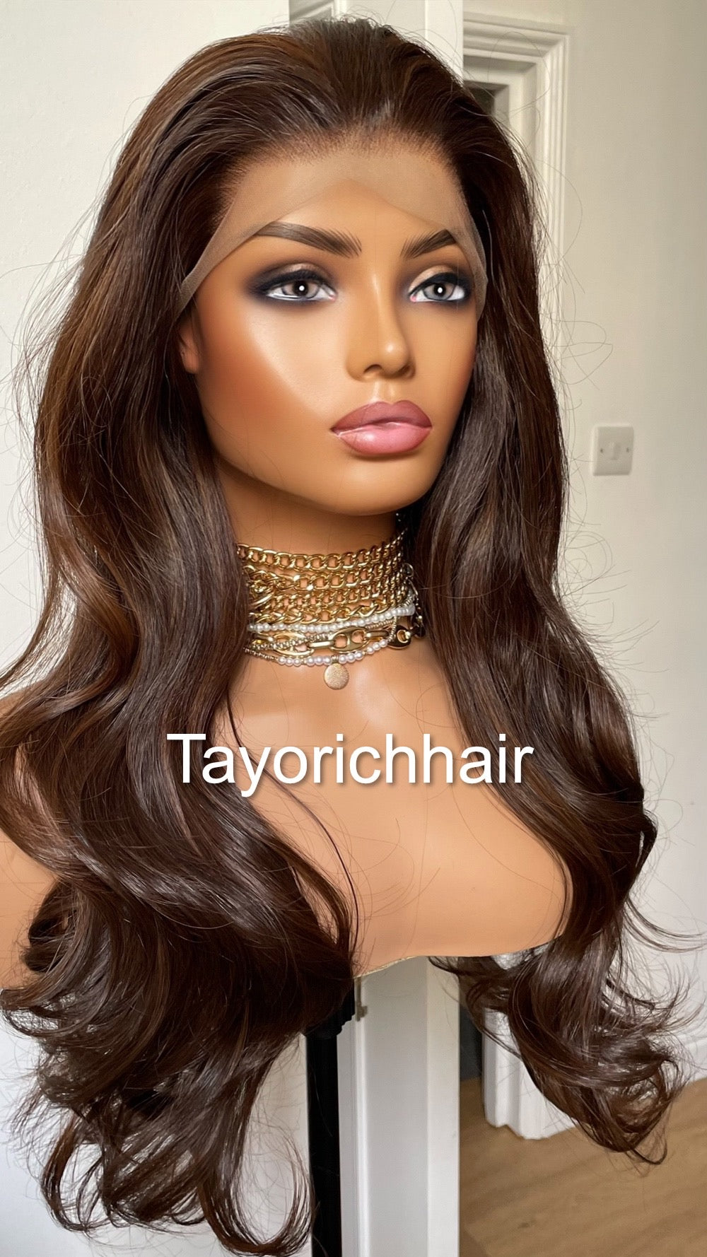 Dark Brown Bouncy Wavy Lace Frontal Wig With Light Brown Highlights-Free Part Heat Friendly Wigs For Women-Tayorichhair Wigs