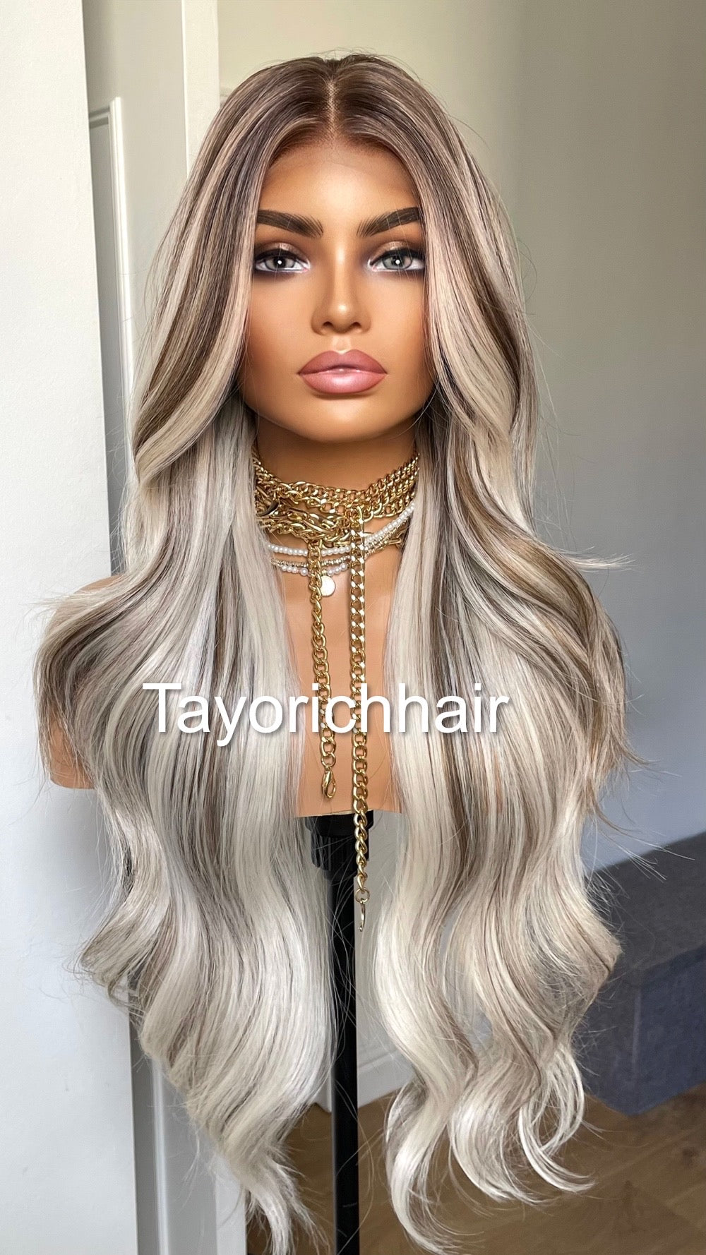 Blonde And Brown Mix Lace Wig/Heat Friendly Synthetic Wigs For Women/Platinum Blonde And Dark Brown Wavy Long Hair Wig By Tayorichhair