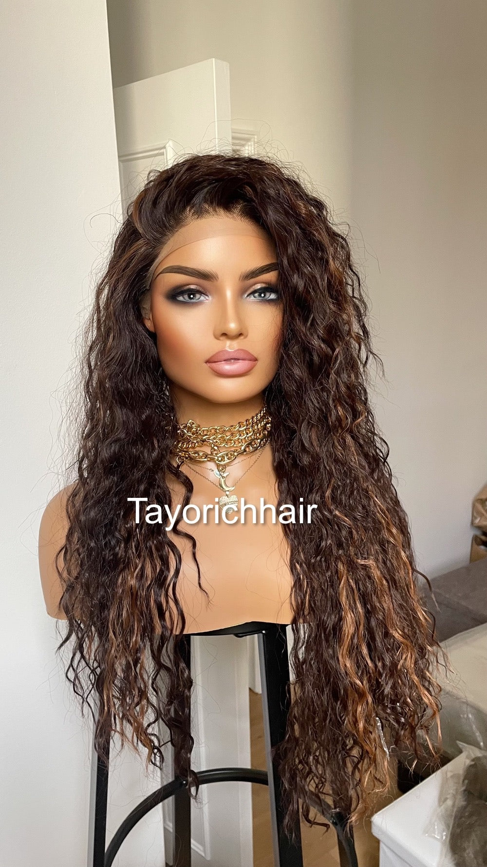 Brunette Dark Brown Curly Synthetic Wig With Highlights