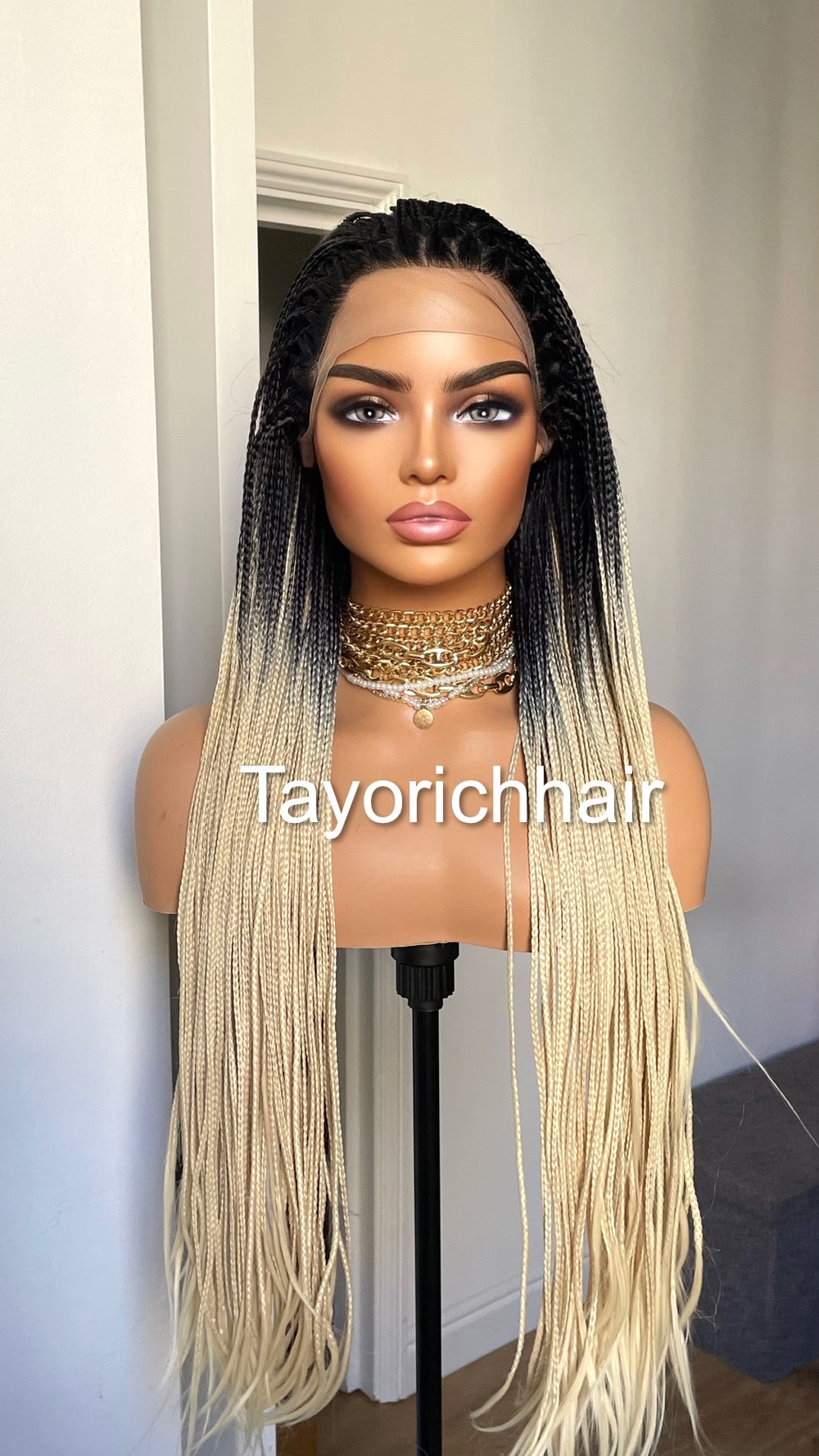 Ombré Braided Lace Wig Blonde And Black Braids/ Extra Long Synthetic Braids 28 Inches/READY FOR SHIPPING