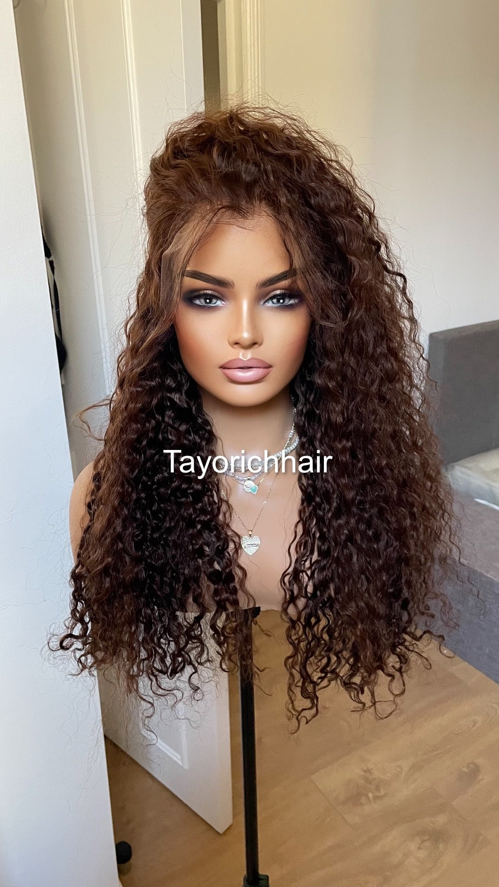 Brunette Brown Human Hair Wig/ Brown Curly Real Hair Wig For Women/ 100 % Human Hair.