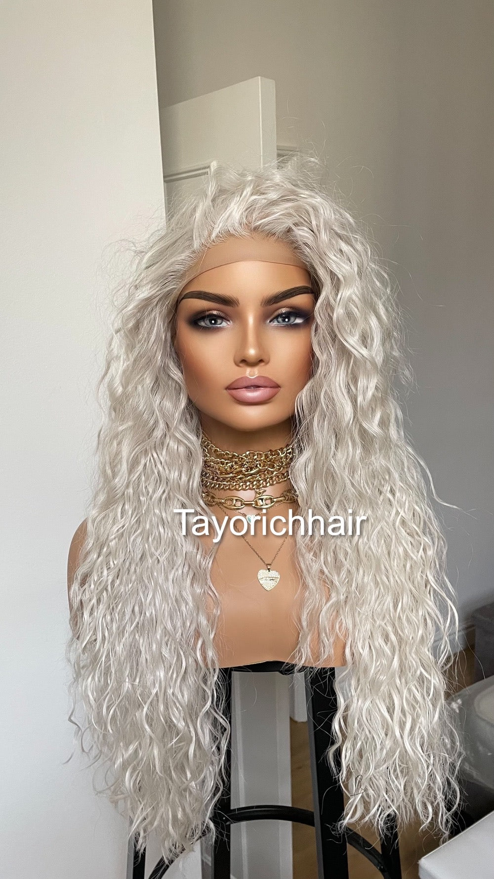 Curly Hair Lace Front Wig/Platinum White Synthetic Wig/Wigs For Small Heads/Light Weight Wig/Preplucked Realistic Hairline/White Blonde Wigs