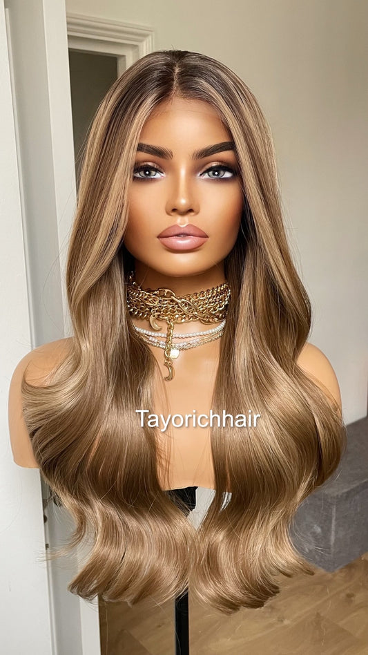 20 Inches Mixed Blonde Lace Front Wig/ Dark Roots /Natural Realistic Soft Synthetic Lace Wigs For Women/Ready To Ship Wigs/ Money Piece Wig