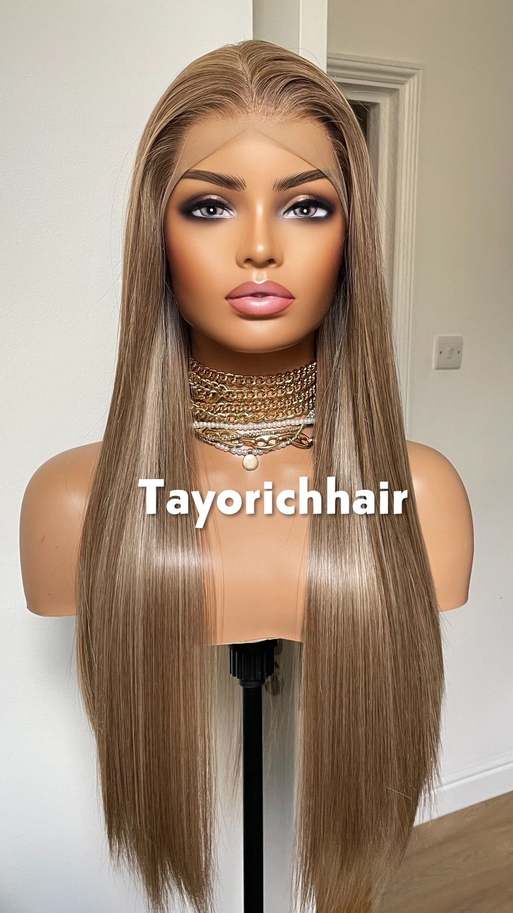 Long Elegant Mixed Dark And Natural Ash Blonde Hair Wig|Straight Blonde Heat Friendly Wig|Free Part Handtied Lace Front Wig|Natural Wigs