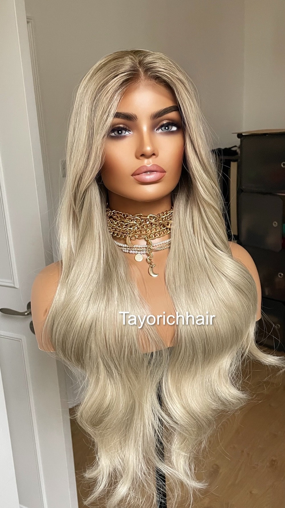 Platinum Blonde Lace Frontal Wig With Dark Ash Roots/Rooted Blonde Heat Friendly Synthetic Wig/ Blonde Bouncy Wavy Wig By Tayorichhair