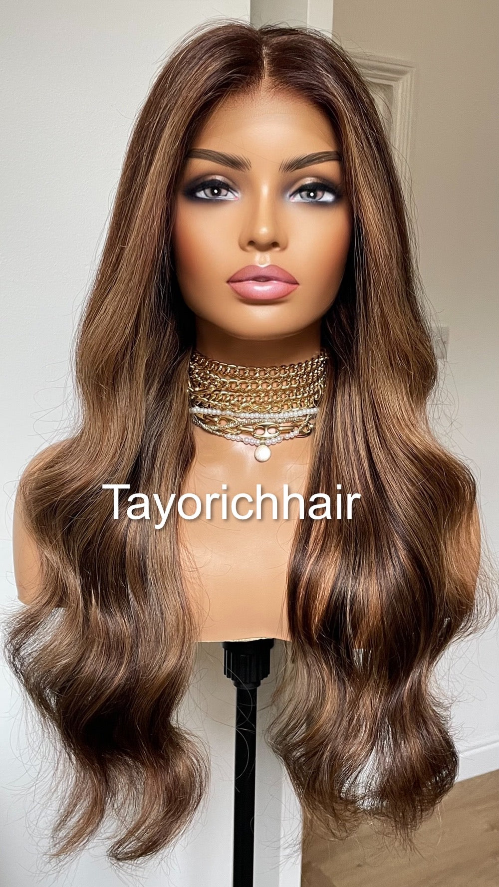 Brown Human Hair 13x4 Lace Frontal Wig With Blonde Highlights-22 Inches Wavy Hair Wig By Tayorichhair