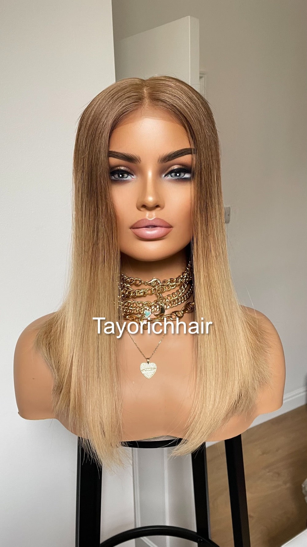 Ombre Warm Blonde Lace Top Human Hair Wig•Europe Hair Wig•16 InchesLuxury Real Hair Wig•Cuticles Aligned Hair With Tiny Knots Straight Hair