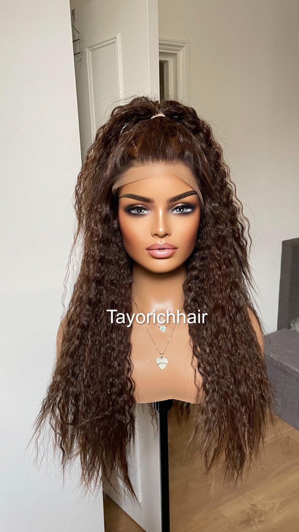 Dark Brown Curly Hair Wig With Highlights/ Loose Exotic Curls Big Hair Synthetic Wig/ Brunette Wigs For Women/ Free Part Lace Wig