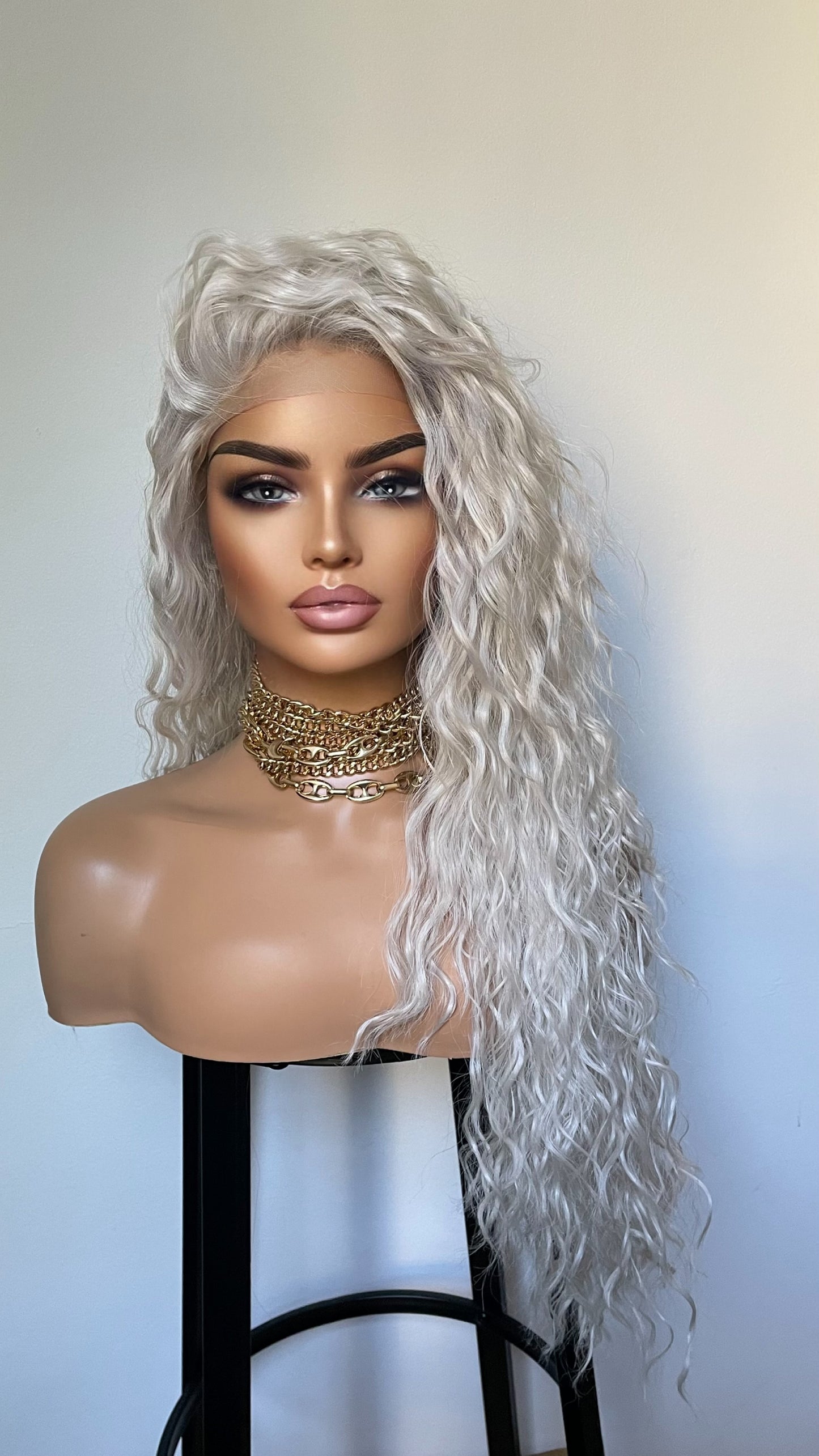 Curly Hair Lace Front Wig/Platinum White Synthetic Wig/Wigs For Small Heads/Light Weight Wig/Preplucked Realistic Hairline/White Blonde Wigs