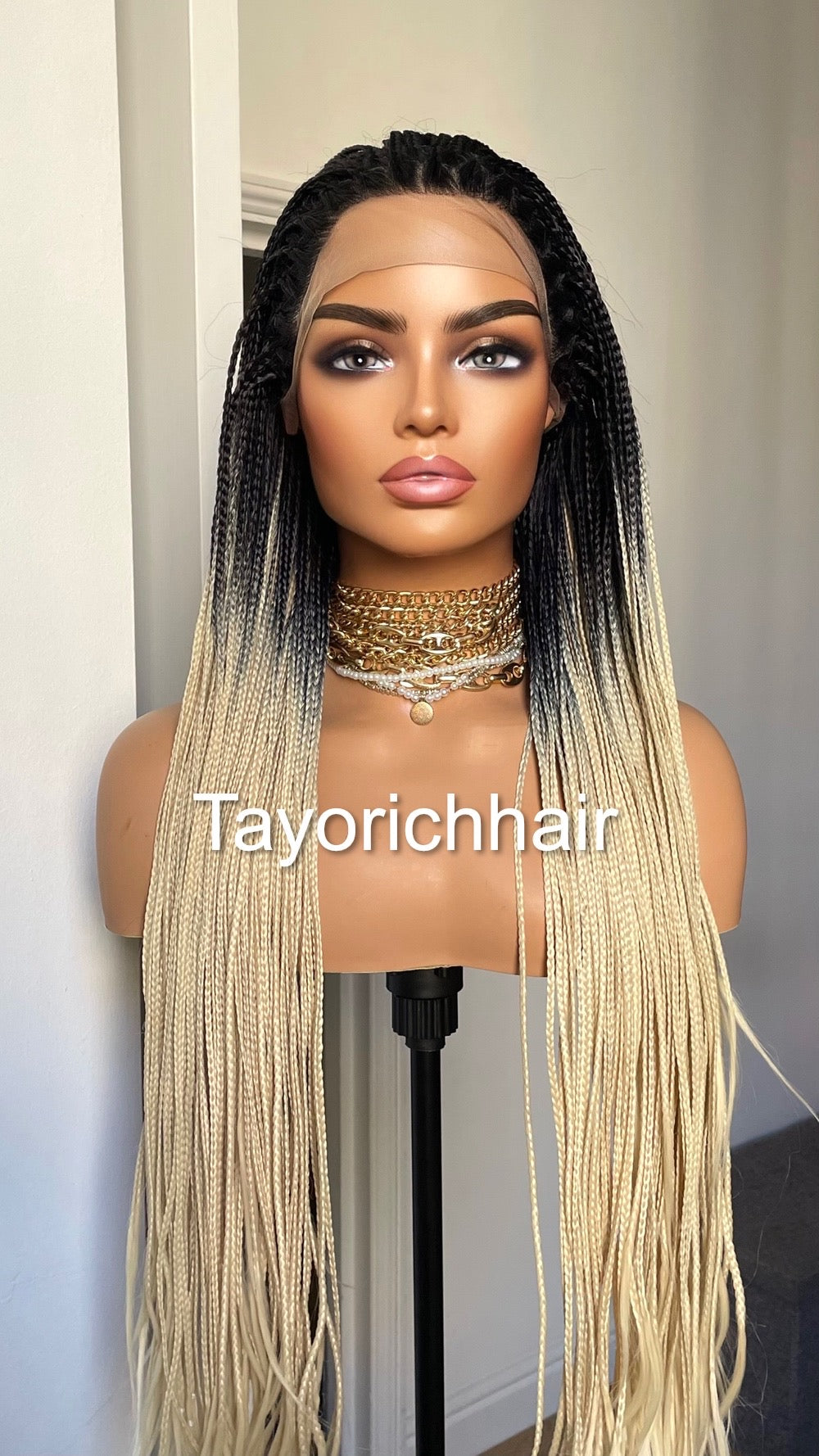 Ombré Braided Lace Wig Blonde And Black Braids/ Extra Long Synthetic Braids 28 Inches/READY FOR SHIPPING