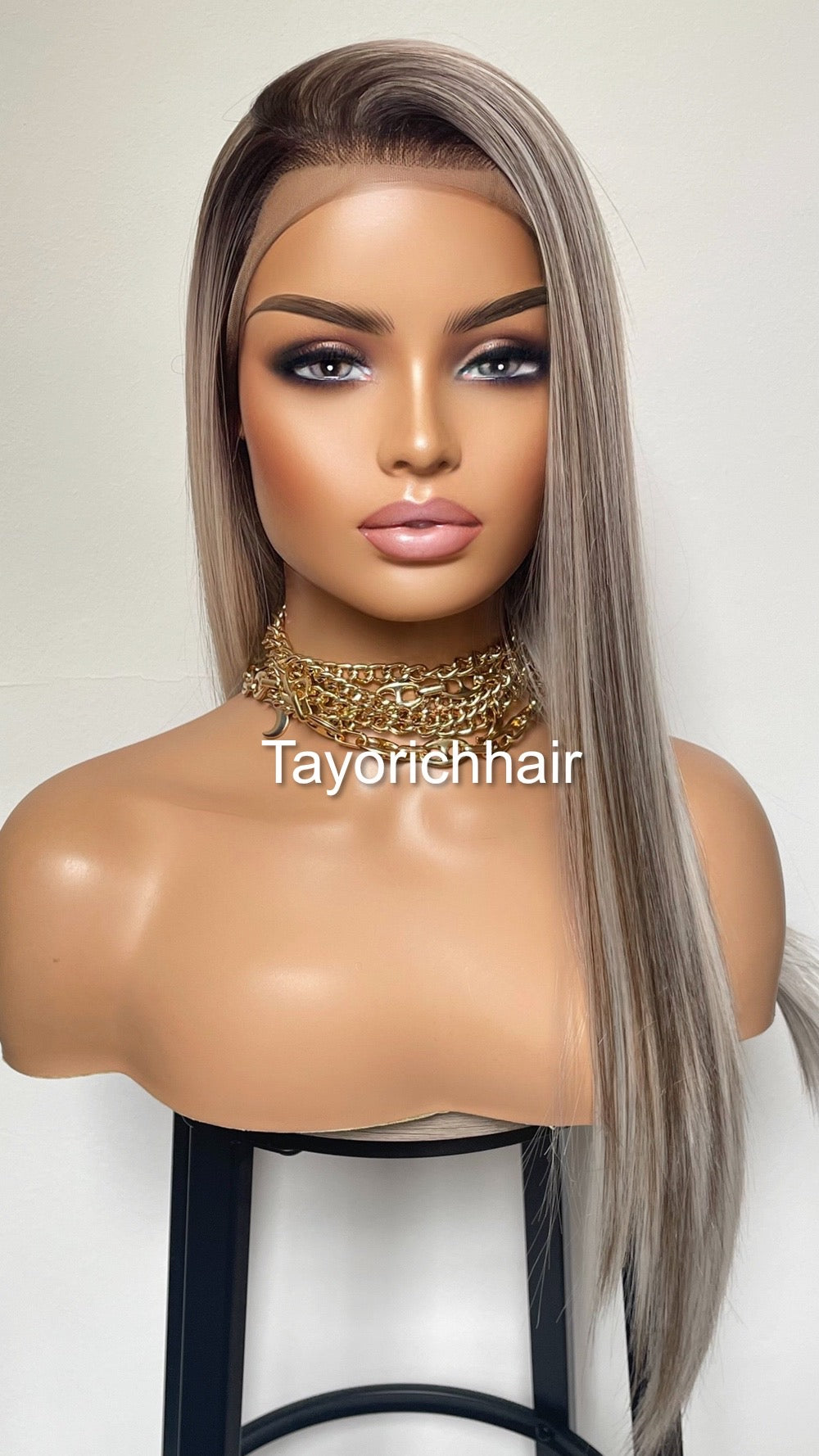Balayage Ombré Lace Front Wig/ 13x3 Lace Front/ Ash White With Dark Brown Mixed/ Long Straigh Heat Safe Synthetic Wig/ Medium Large Cap Size