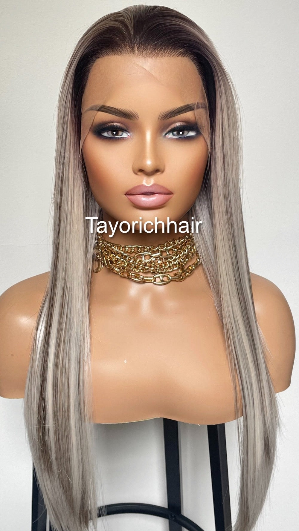 Balayage Ombré Lace Front Wig/ 13x3 Lace Front/ Ash White With Dark Brown Mixed/ Long Straigh Heat Safe Synthetic Wig/ Medium Large Cap Size