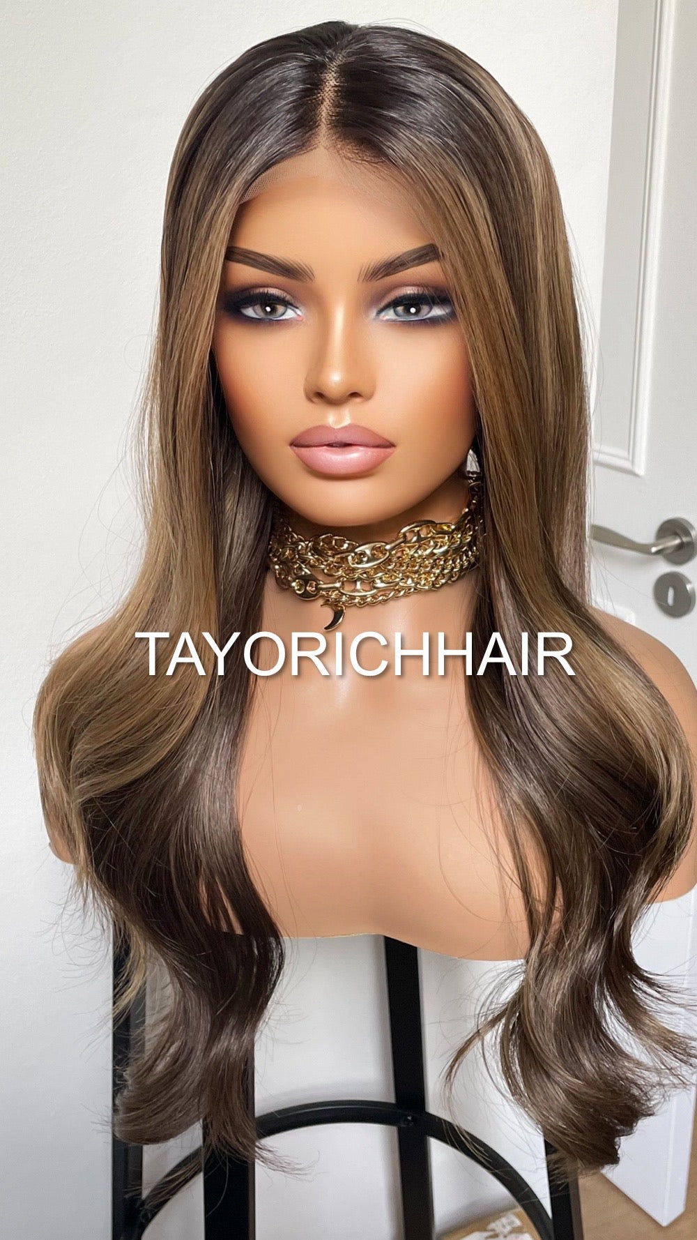 20 Inches Balayage Lace Front Wig/ 13x4 Wide Lace/ Black Roots Brown And Blonde Highlights/ Soft Narural Hair Synthetic Wig For Women