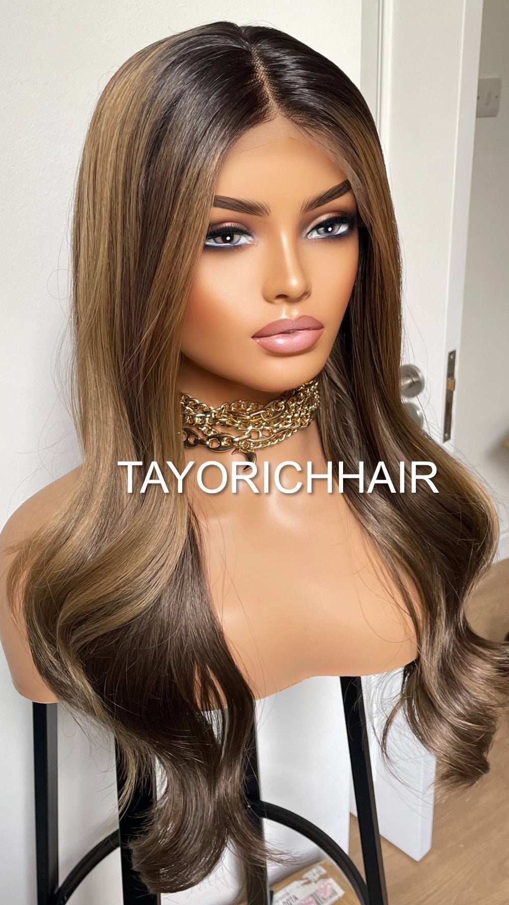 20 Inches Balayage Lace Front Wig/ 13x4 Wide Lace/ Black Roots Brown And Blonde Highlights/ Soft Narural Hair Synthetic Wig For Women