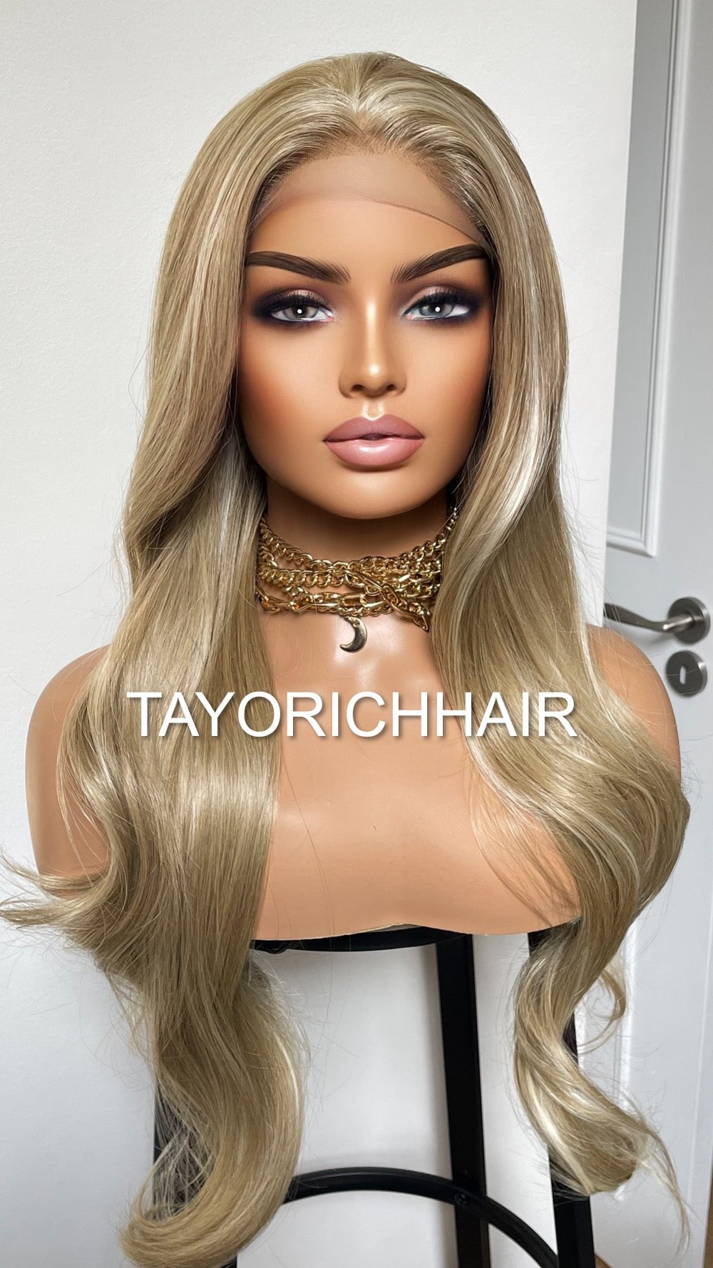 Slight Wavy Blonde Lace Front Wig With Streaks/Long Bouncy Ashy Olive Heat Safe Synthetic Wig 13x3 Lace Front Wig For Women