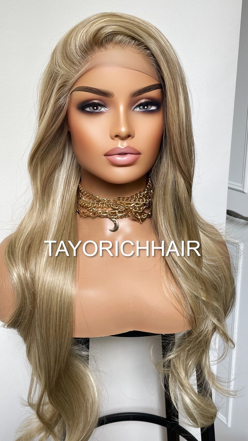 Slight Wavy Blonde Lace Front Wig With Streaks/Long Bouncy Ashy Olive Heat Safe Synthetic Wig 13x3 Lace Front Wig For Women