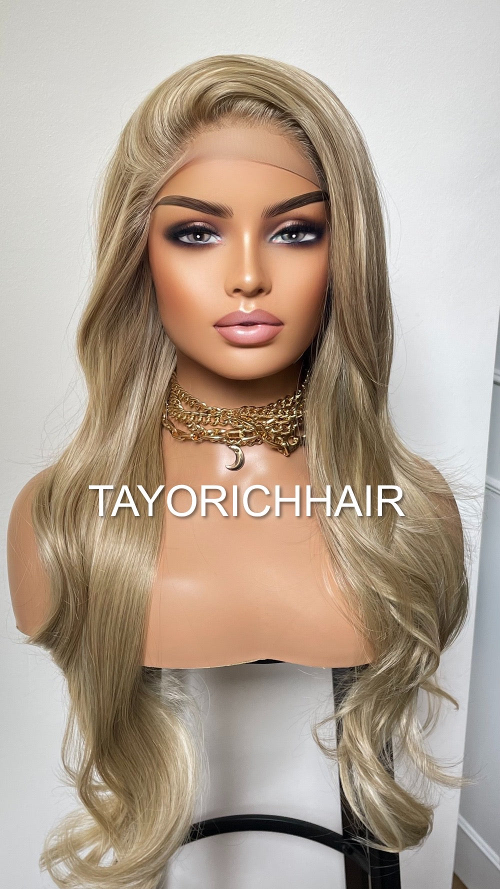 Slight Wavy Blonde Lace Front Wig With Streaks/Long Bouncy Ashy Olive Heat Safe Synthetic Wig 13x3 Lace Front Wig For Women