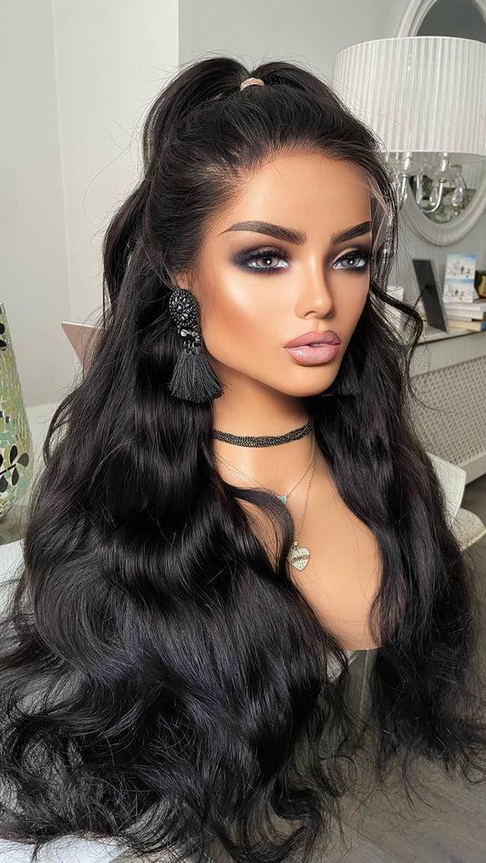 Black Real Human Hair Wig•24 Inches Hair•13x4 HD Lace•Long Wavy Real Hair•180 Density Human Hair Lace Wig•Black Hair Wigs For Women