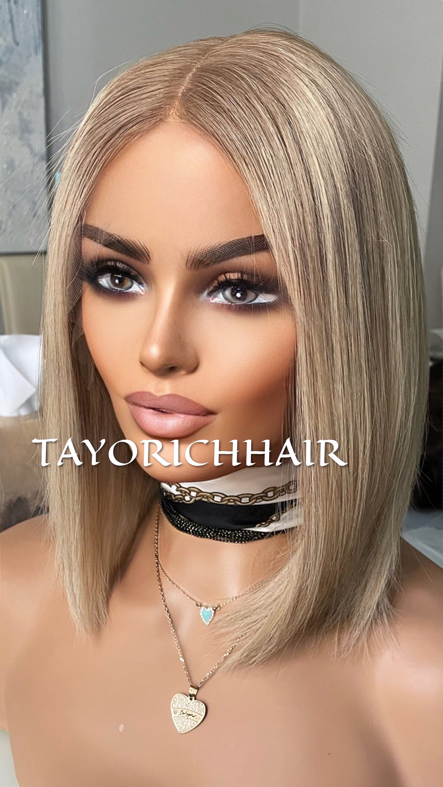 Bob Real Hair Wig/ Ash Blonde Front Top Wig With Dark Brown Roots/ European Hair Wig