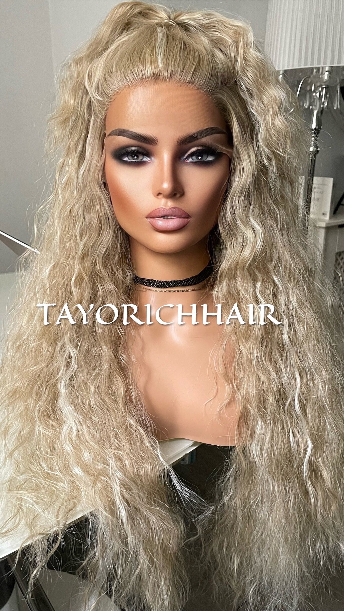 Curly Blonde Lace Front Wig With Streaks//Light Weight Wig For Daily Wear/ Big Blonde Full Curly Synthetic Lace Wig/ Party Wigs