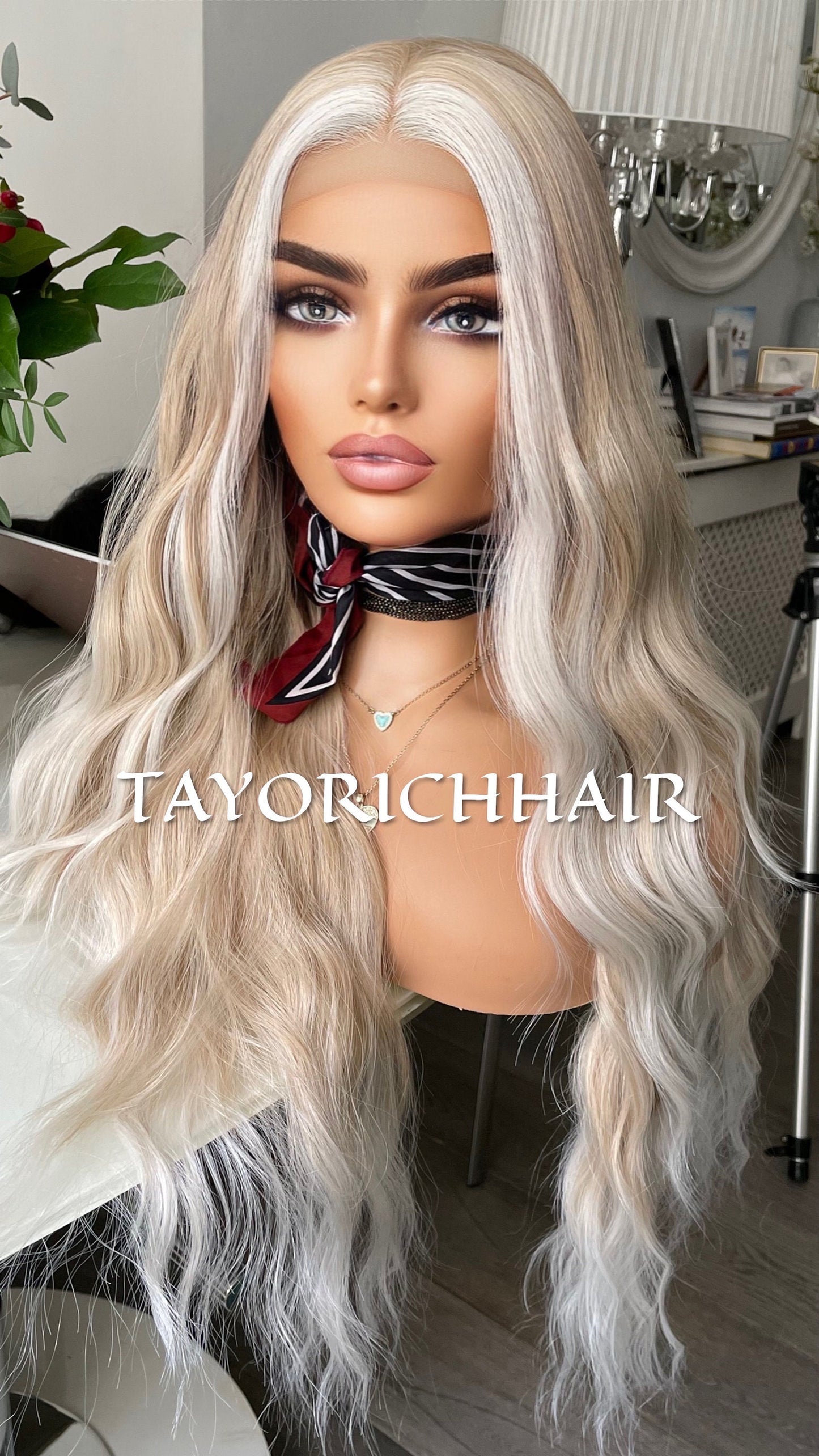 Pearl Blonde Lace Front Wig/Mixed Blonde Heat Safe Synthetic Wig/Ocean Wave Money Piece Lace Wig For Women
