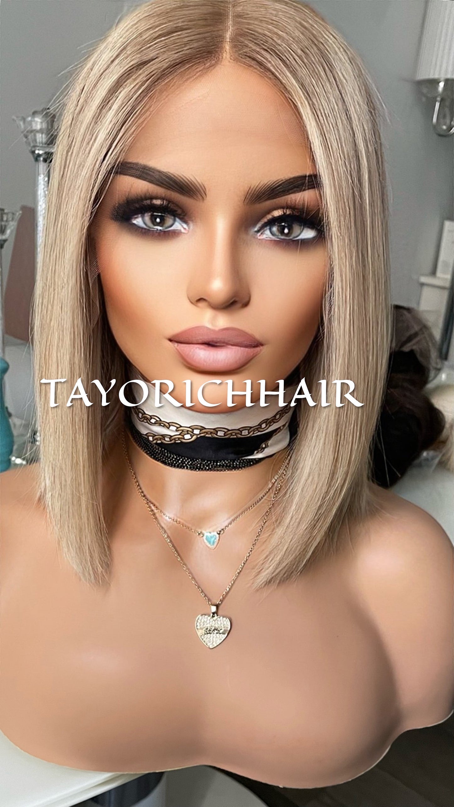 Bob Real Hair Wig/ Ash Blonde Front Top Wig With Dark Brown Roots/ European Hair Wig