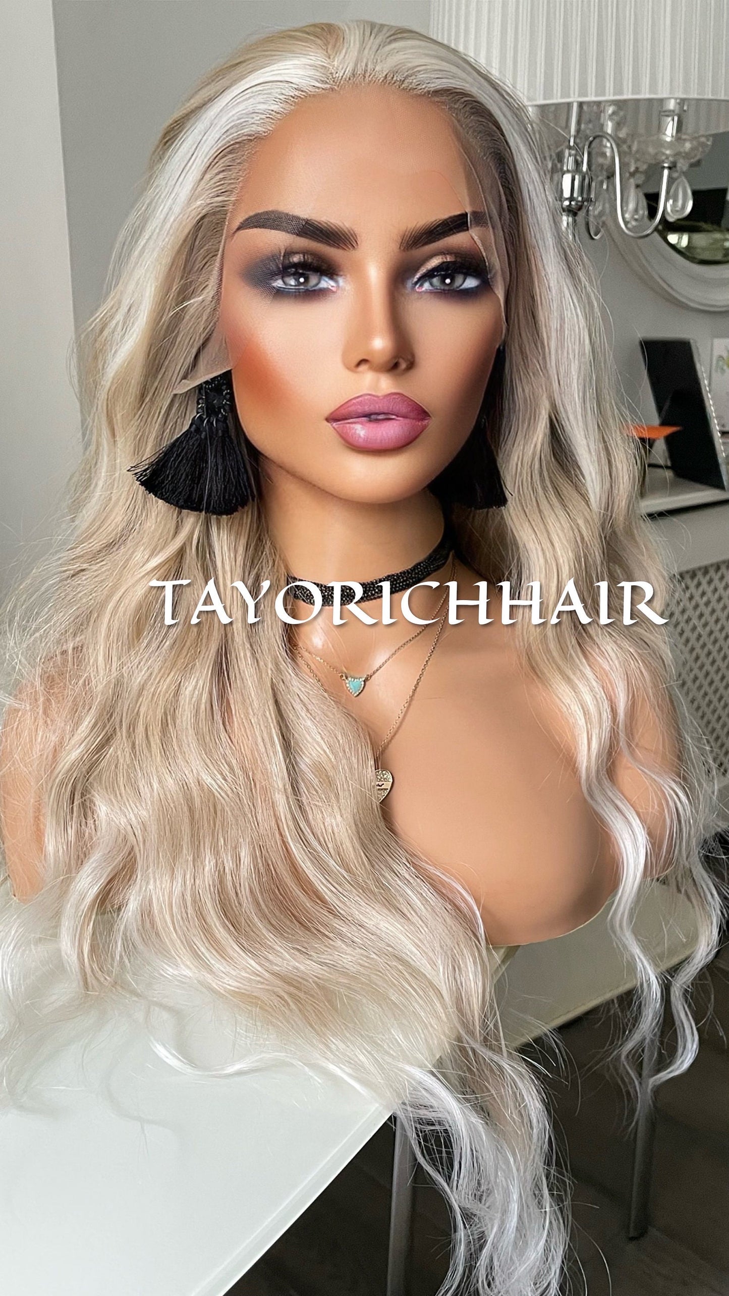 Pearl Blonde Lace Front Wig/Mixed Blonde Heat Safe Synthetic Wig/Ocean Wave Money Piece Lace Wig For Women