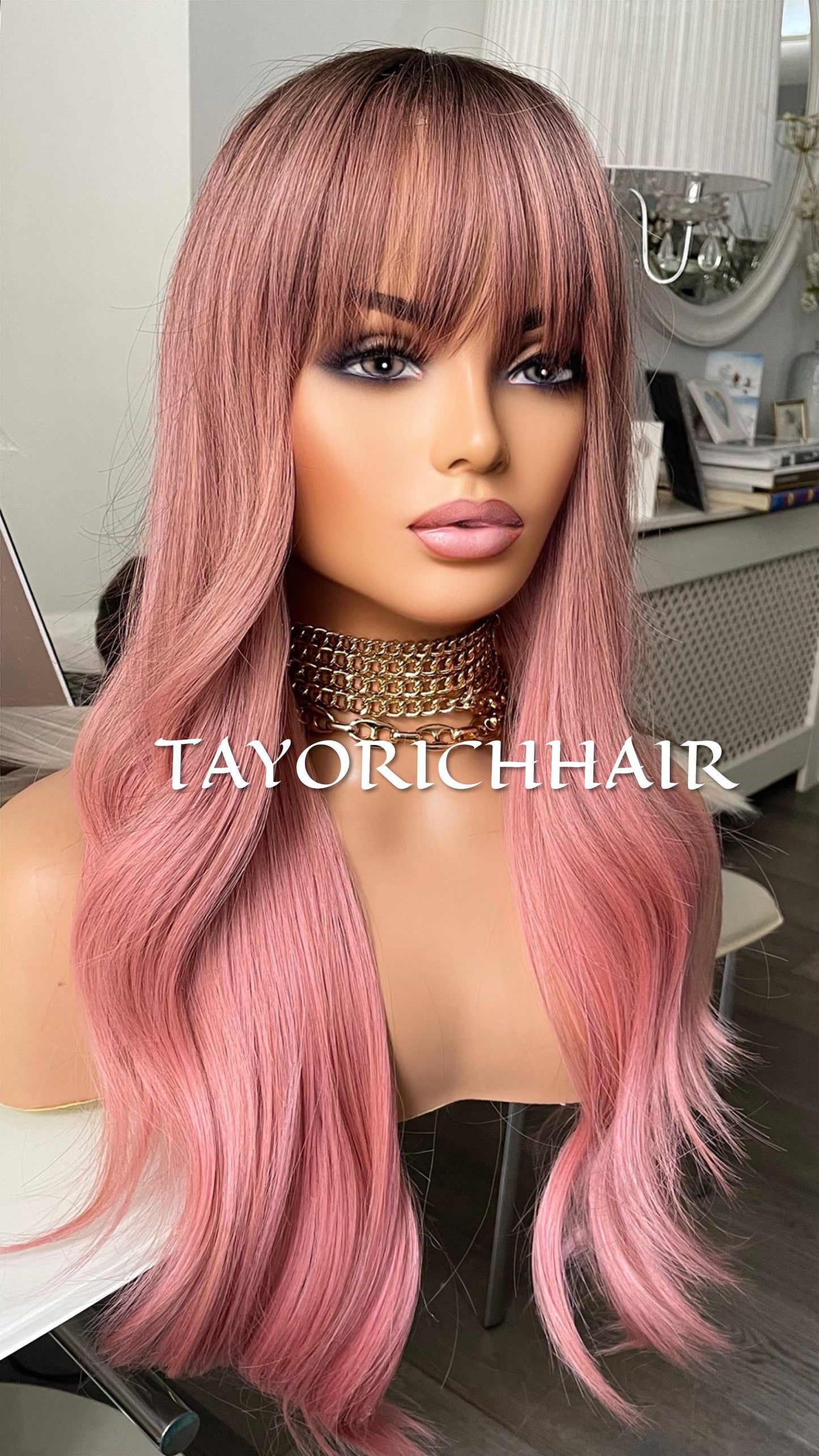 Ombré Pink Wavy Wig With Bangs Fringe Dark Roots/ Glueless Wig/ Beginner Friendly Wig/ Pink Cosplay Wig /TAYORICHHAIR/ Pink Women Wigs