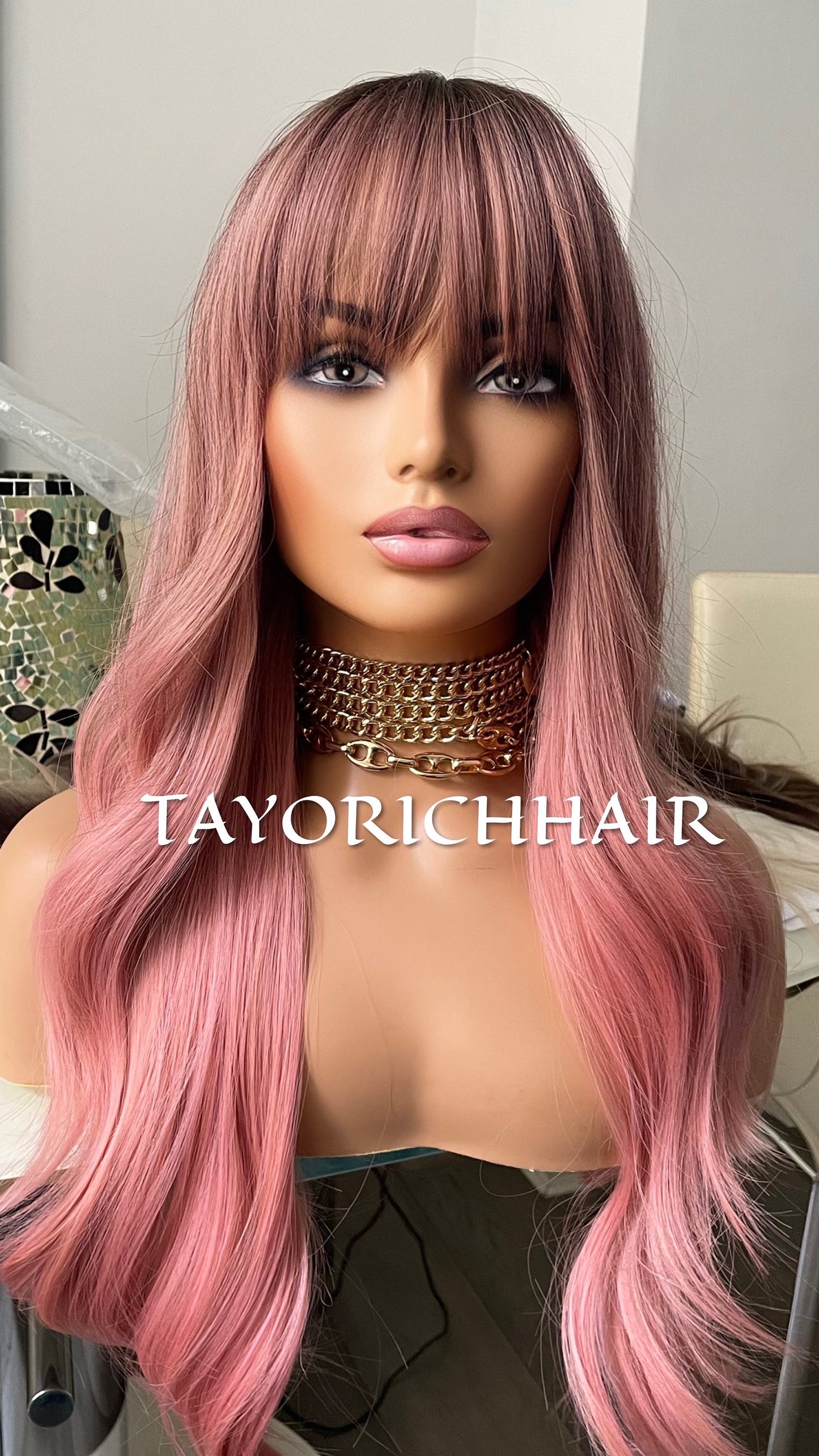 Ombré Pink Wavy Wig With Bangs Fringe Dark Roots/ Glueless Wig/ Beginner Friendly Wig/ Pink Cosplay Wig /TAYORICHHAIR/ Pink Women Wigs