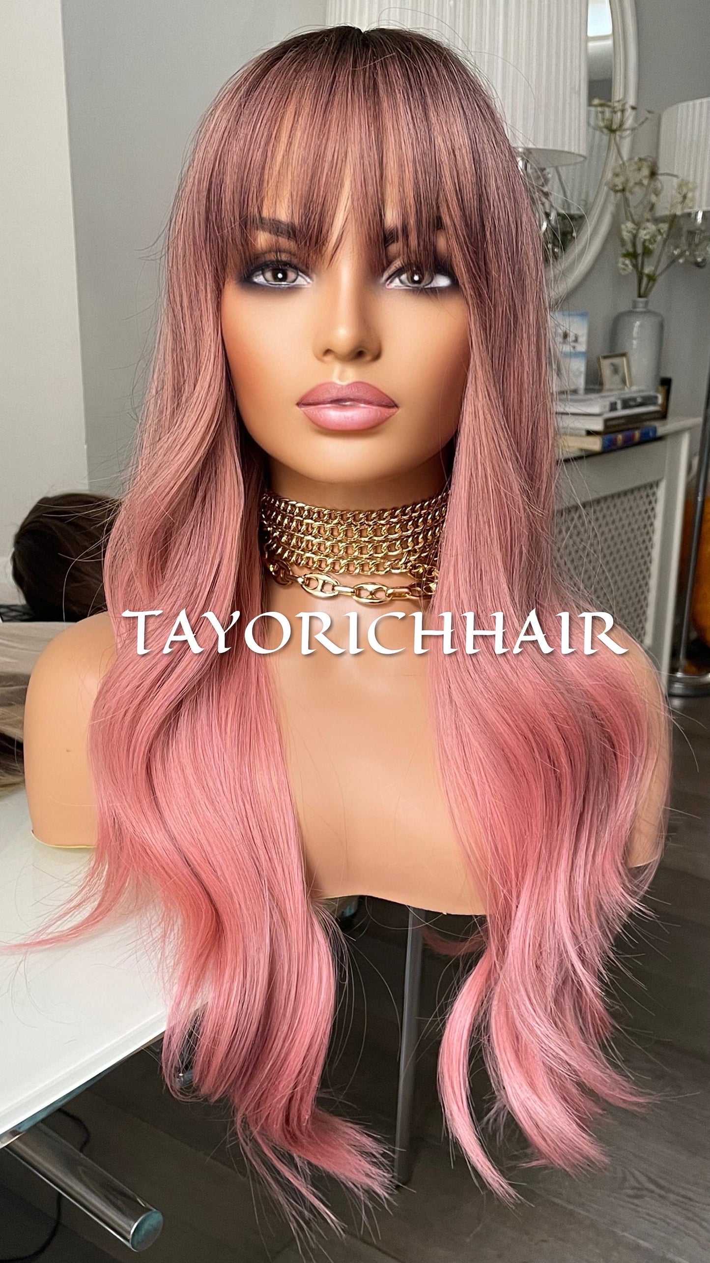 Ombré Pink Wavy Wig With Bangs Fringe Dark Roots/ Glueless Wig/ Beginner Friendly Wig/ Pink Cosplay Wig /TAYORICHHAIR/ Pink Women Wigs