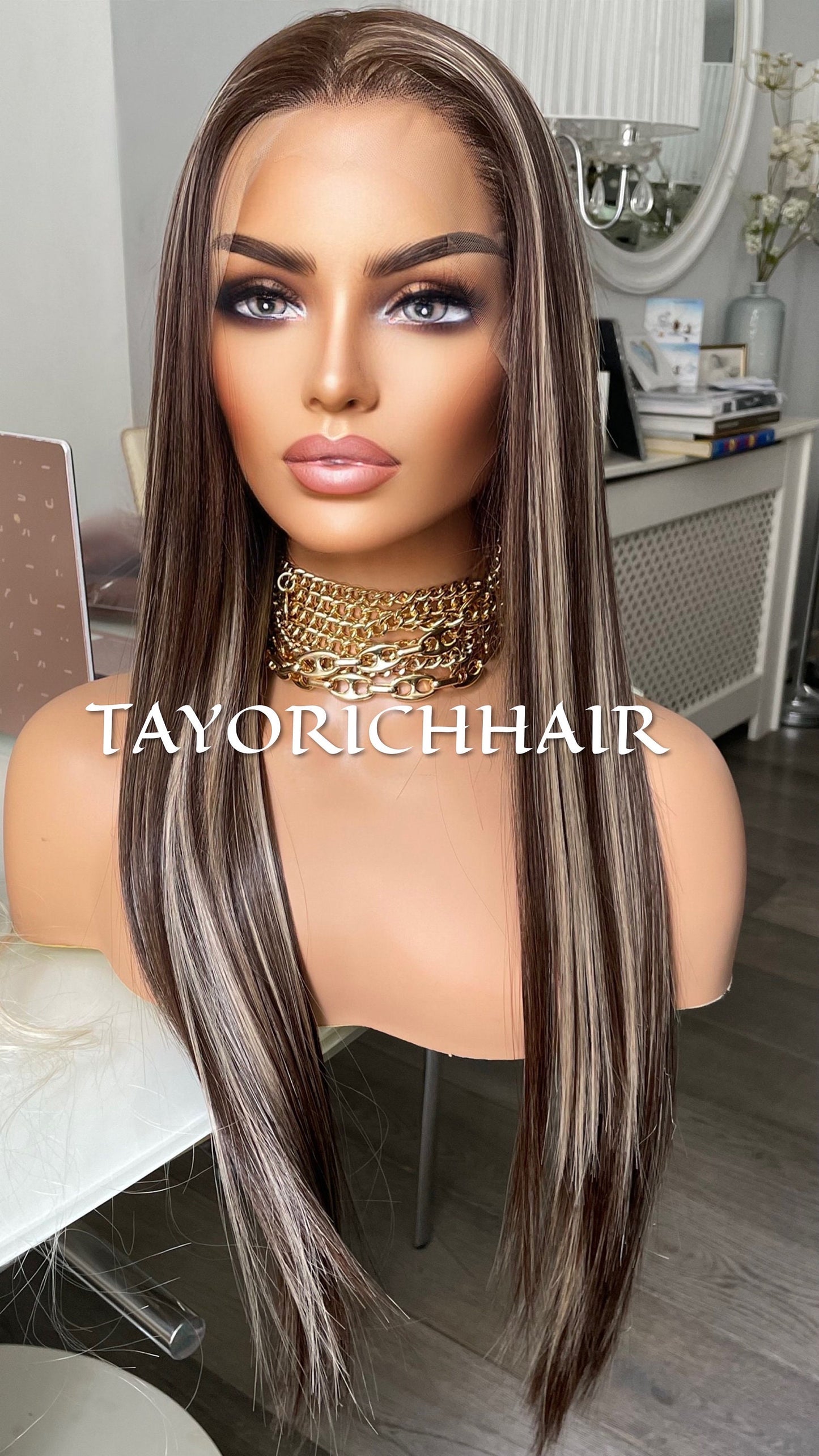 Dark Brown Straight Synthetic Lace Front Wig With Blonde Highlights