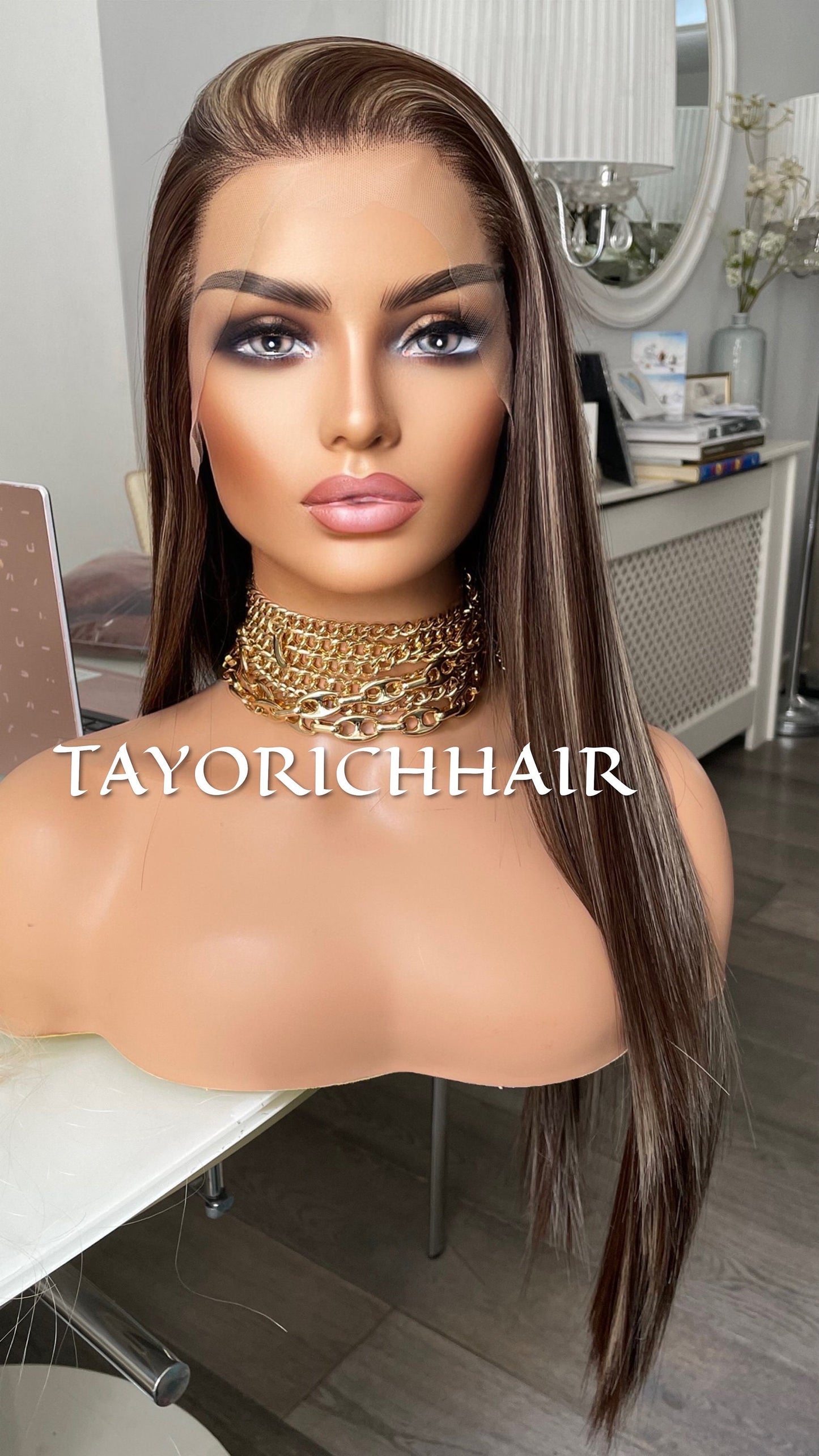 Dark Brown Straight Synthetic Lace Front Wig With Blonde Highlights