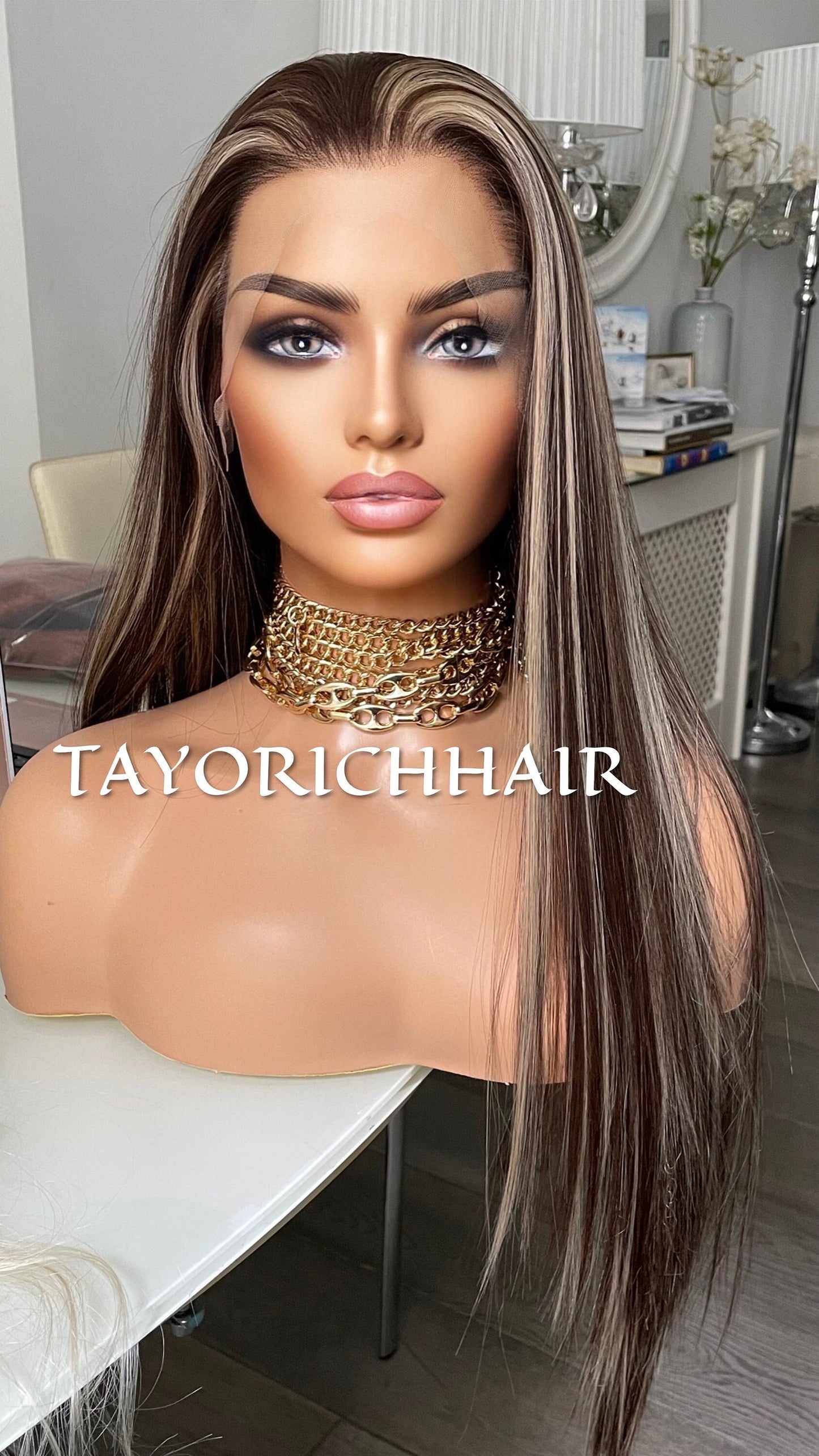 Dark Brown Straight Synthetic Lace Front Wig With Blonde Highlights