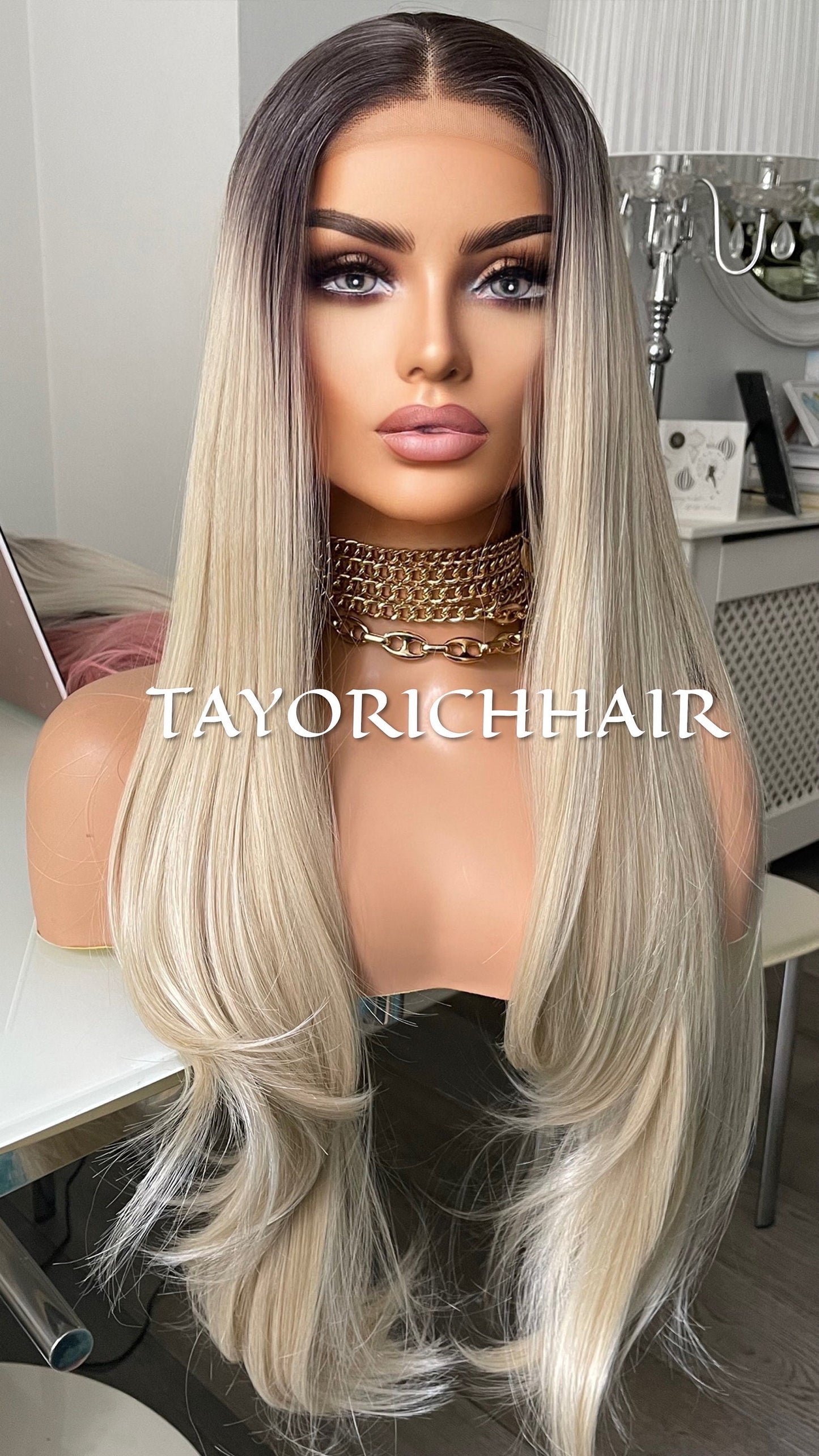Ombre Blonde Lace Wig 26 Inches/ Sun kissed Blonde/Pre-Plucked Hairline/13x3 Swiss Lace Front,Heat Resistant Synthetic Wig