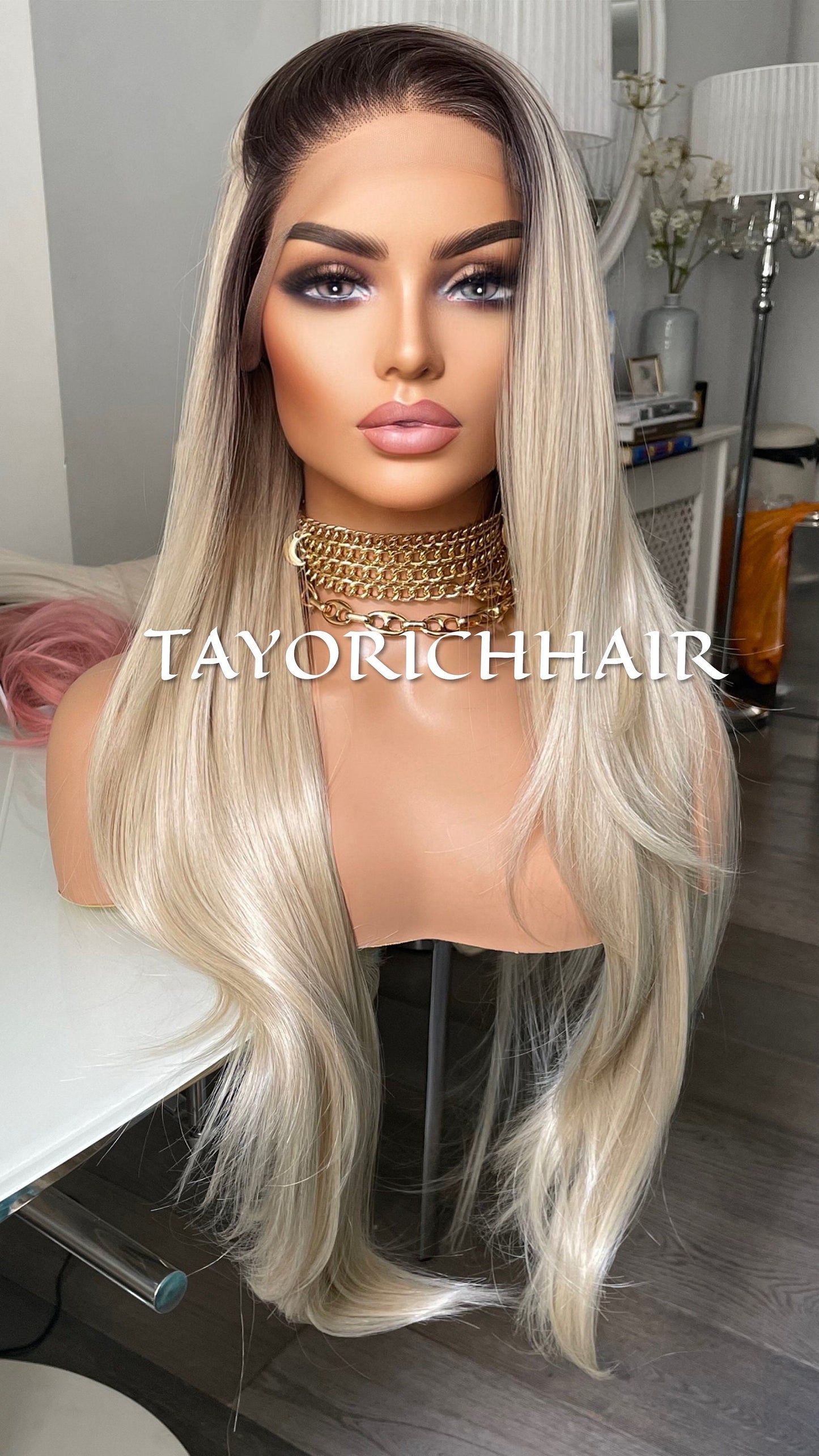 Ombre Blonde Lace Wig 26 Inches/ Sun kissed Blonde/Pre-Plucked Hairline/13x3 Swiss Lace Front,Heat Resistant Synthetic Wig