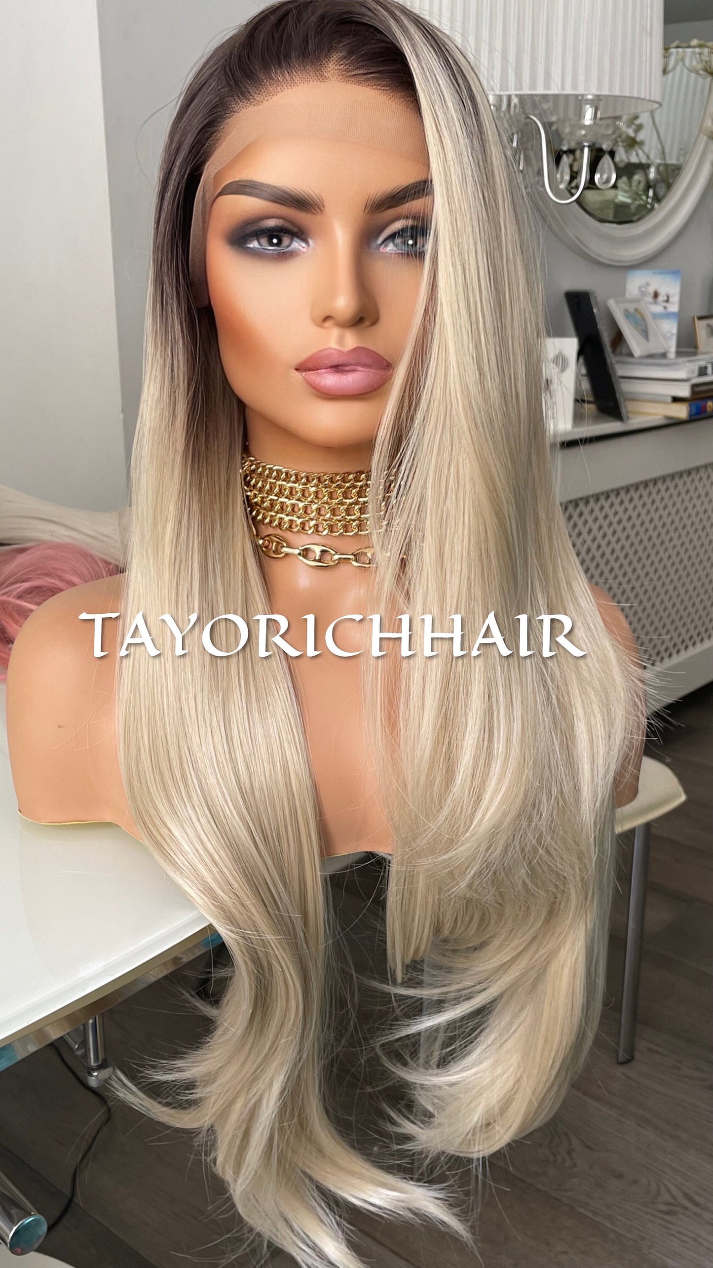 Ombre Blonde Lace Wig 26 Inches/ Sun kissed Blonde/Pre-Plucked Hairline/13x3 Swiss Lace Front,Heat Resistant Synthetic Wig